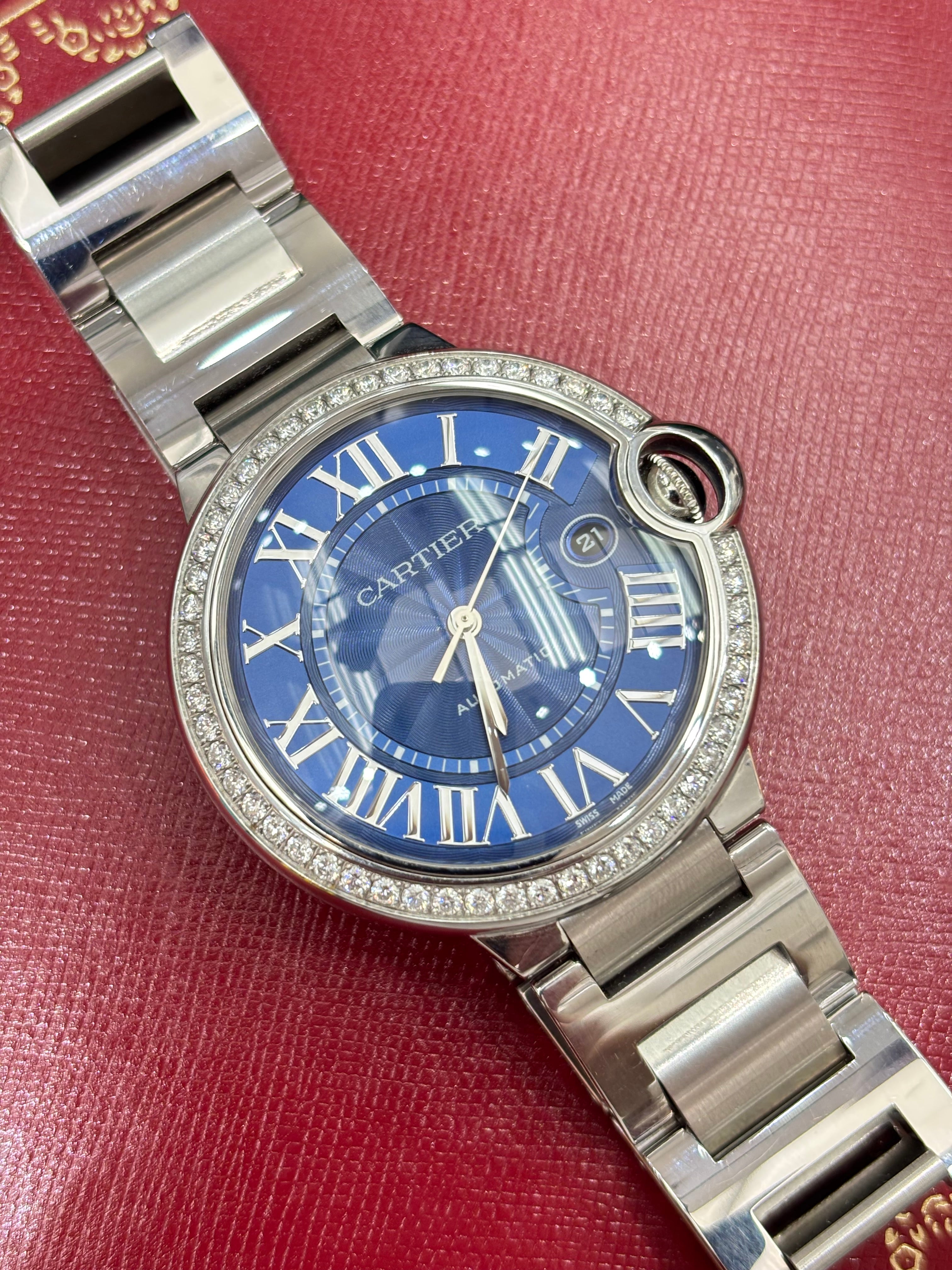 42MM CARTIER BALLON BLEU | DIAMOND BEZEL | BLUE ROMAN DIAL | FACTORY-SET
