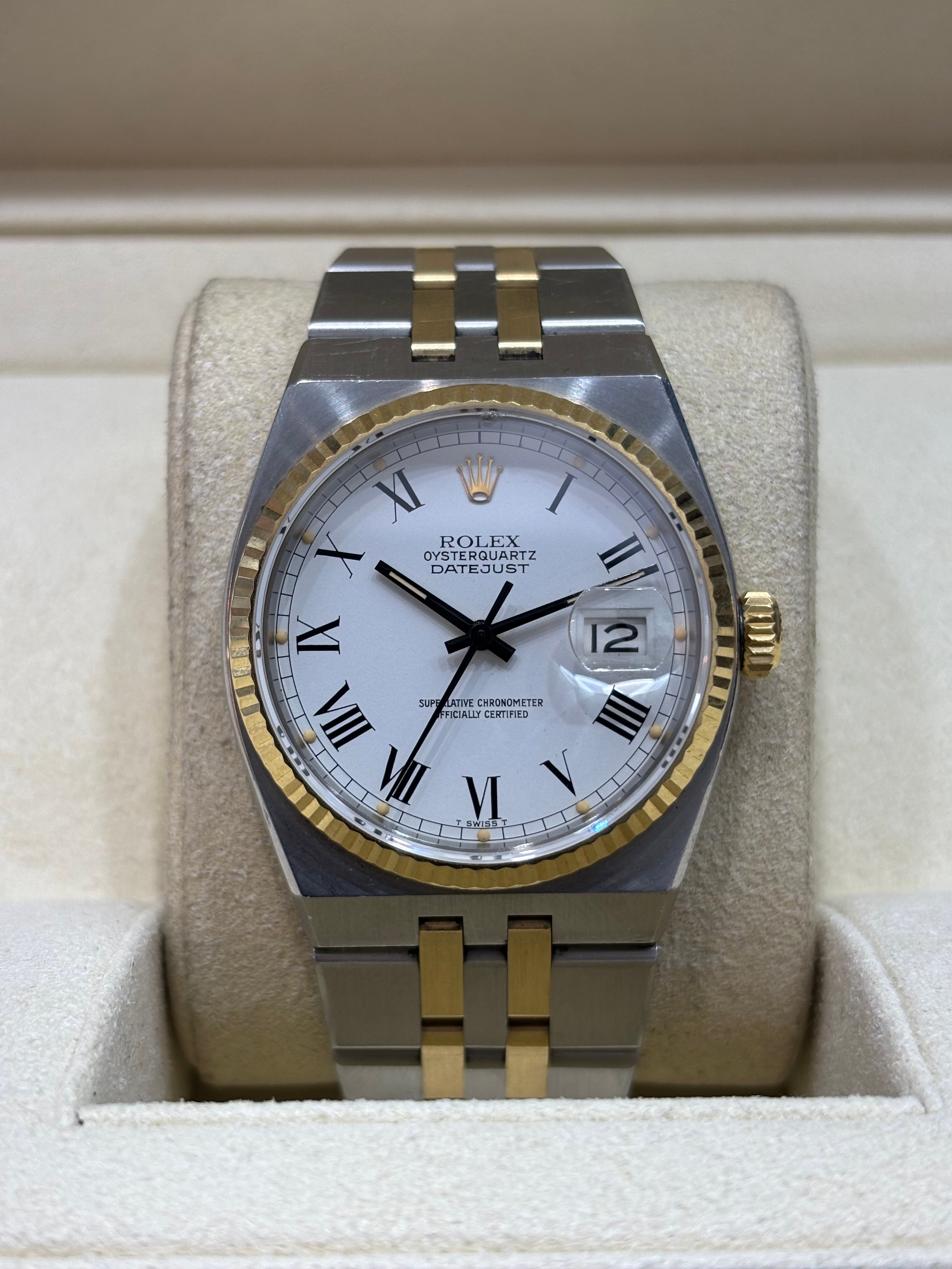 ROLEX OYSTERQUARTZ DATEJUST 36MM | 18KT TWO-TONE | JUBILEE BRACELET | WHITE ROMAN DIAL