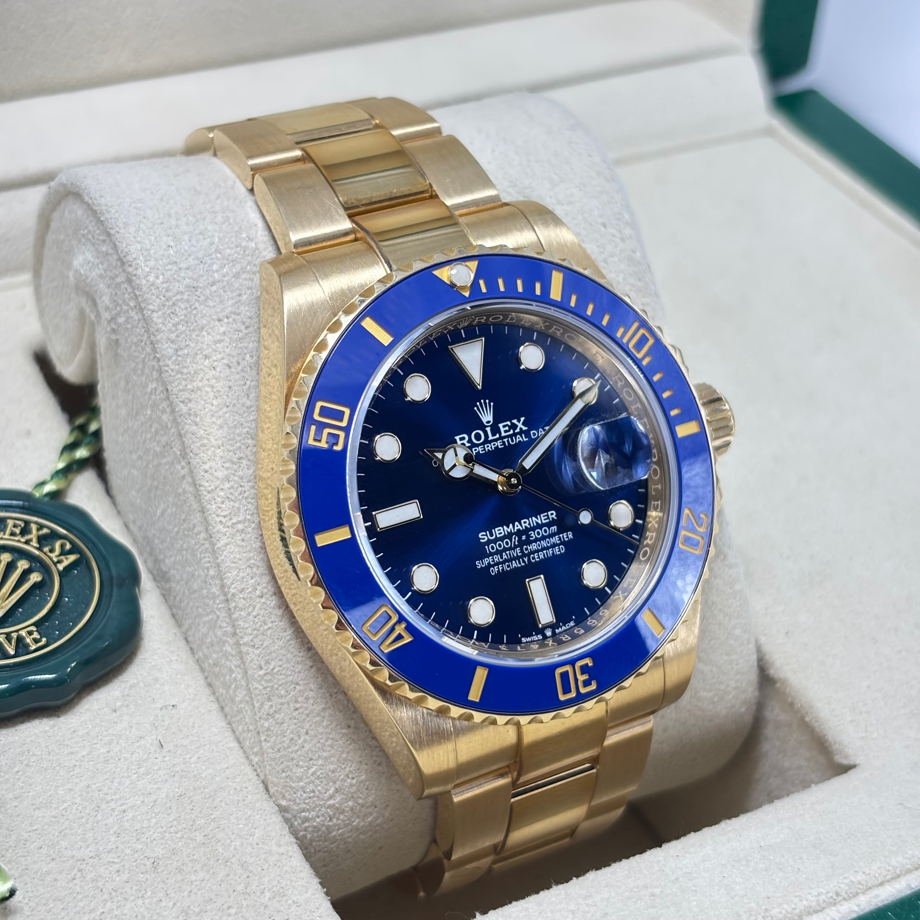 41MM ROLEX SUBMARINER 18KT GOLD MENS WATCH BLUE DIAL