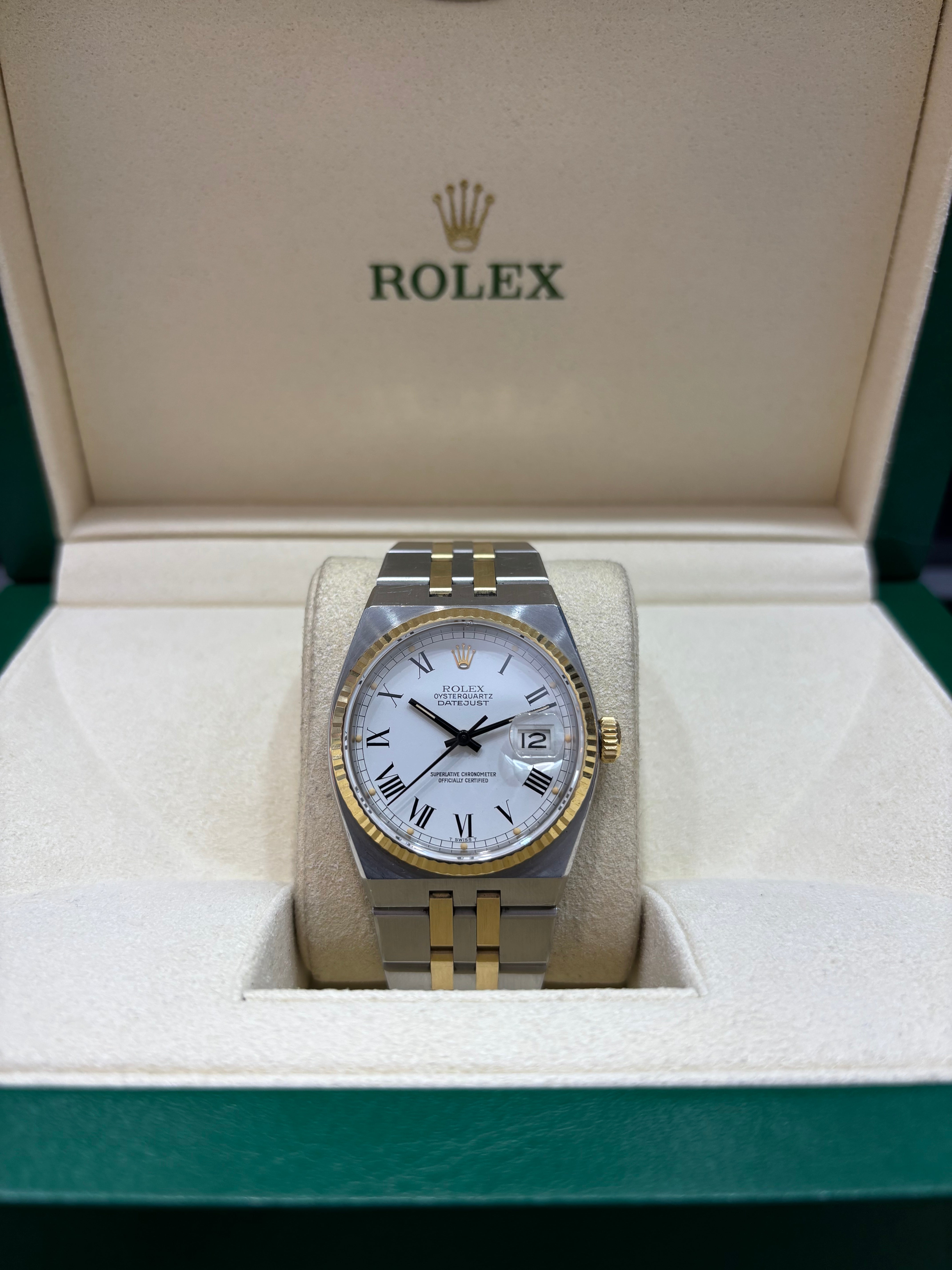 ROLEX OYSTERQUARTZ DATEJUST 36MM | 18KT TWO-TONE | JUBILEE BRACELET | WHITE ROMAN DIAL