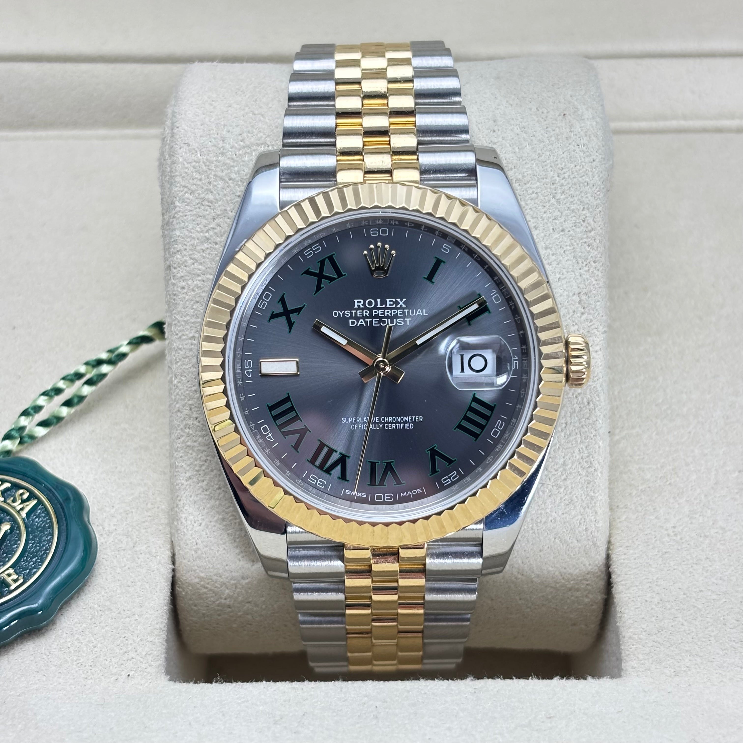 41MM ROLEX DATEJUST 18KT GOLD JUBILEE BRACELET (WIMBLEDON) BOX & CARD