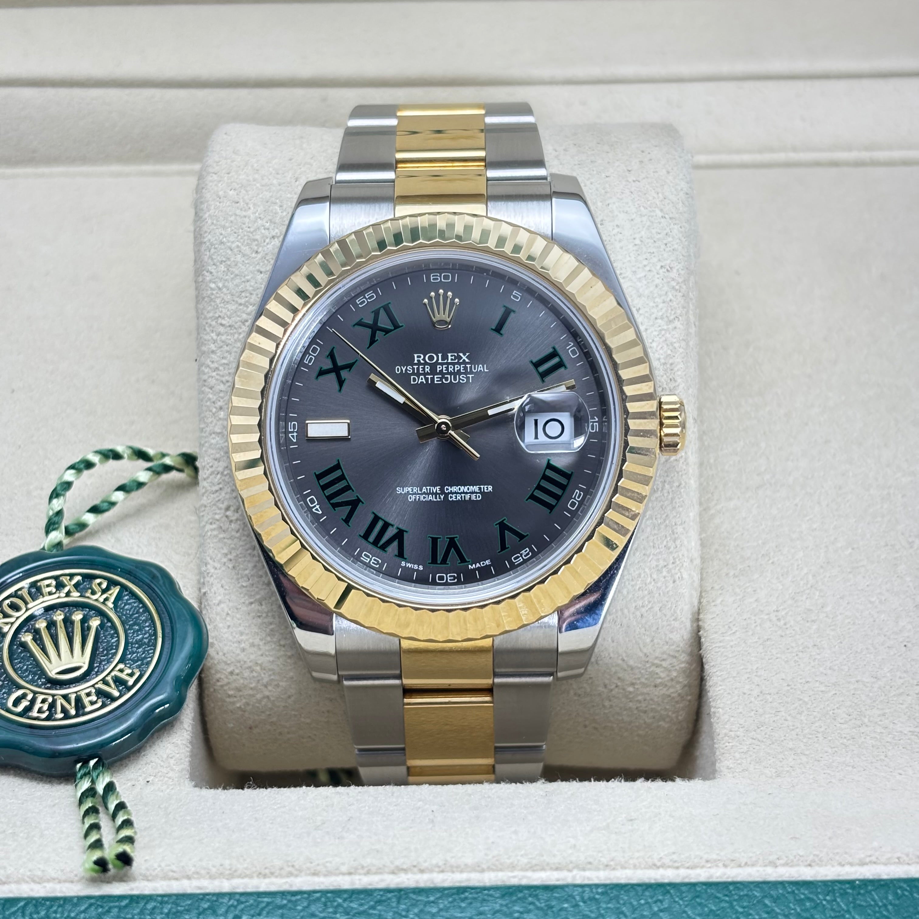 41MM ROLEX DATEJUST 18KT GOLD JUBILEE BRACELET (WIMBLEDON) BOX & CARD