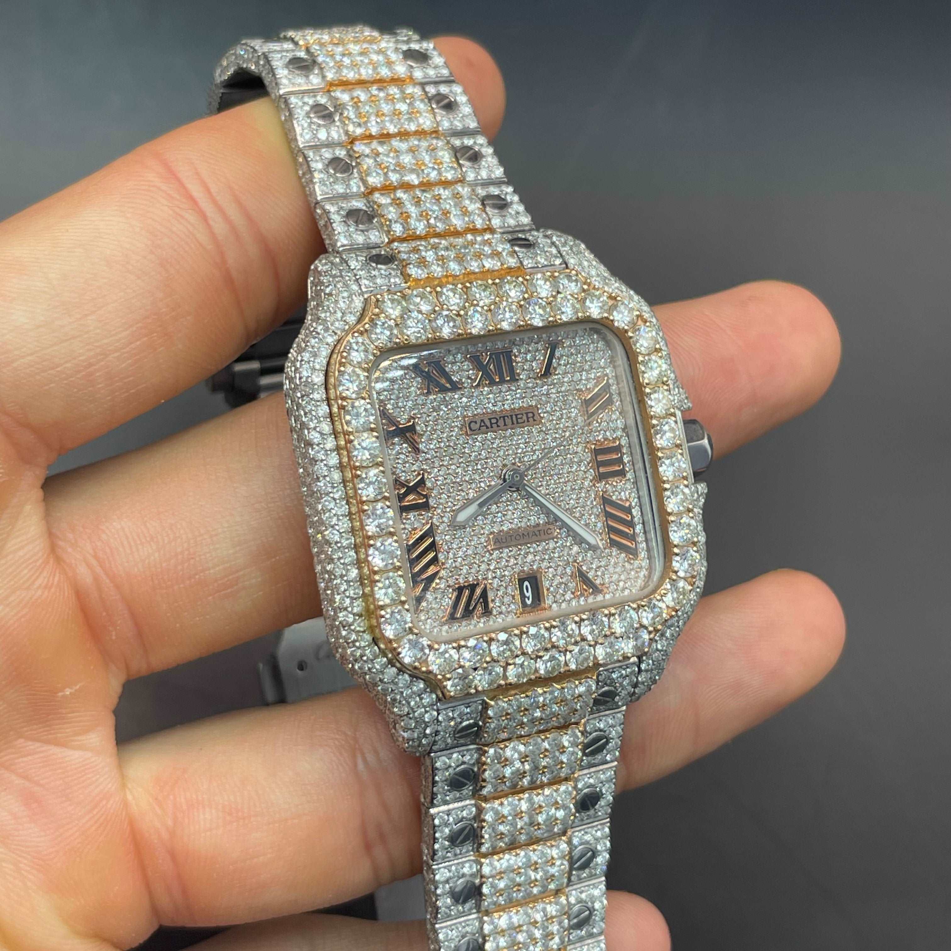 41mm Iced Out Cartier Watch Rose Gold | Roman | Santos XL | Rose Gold