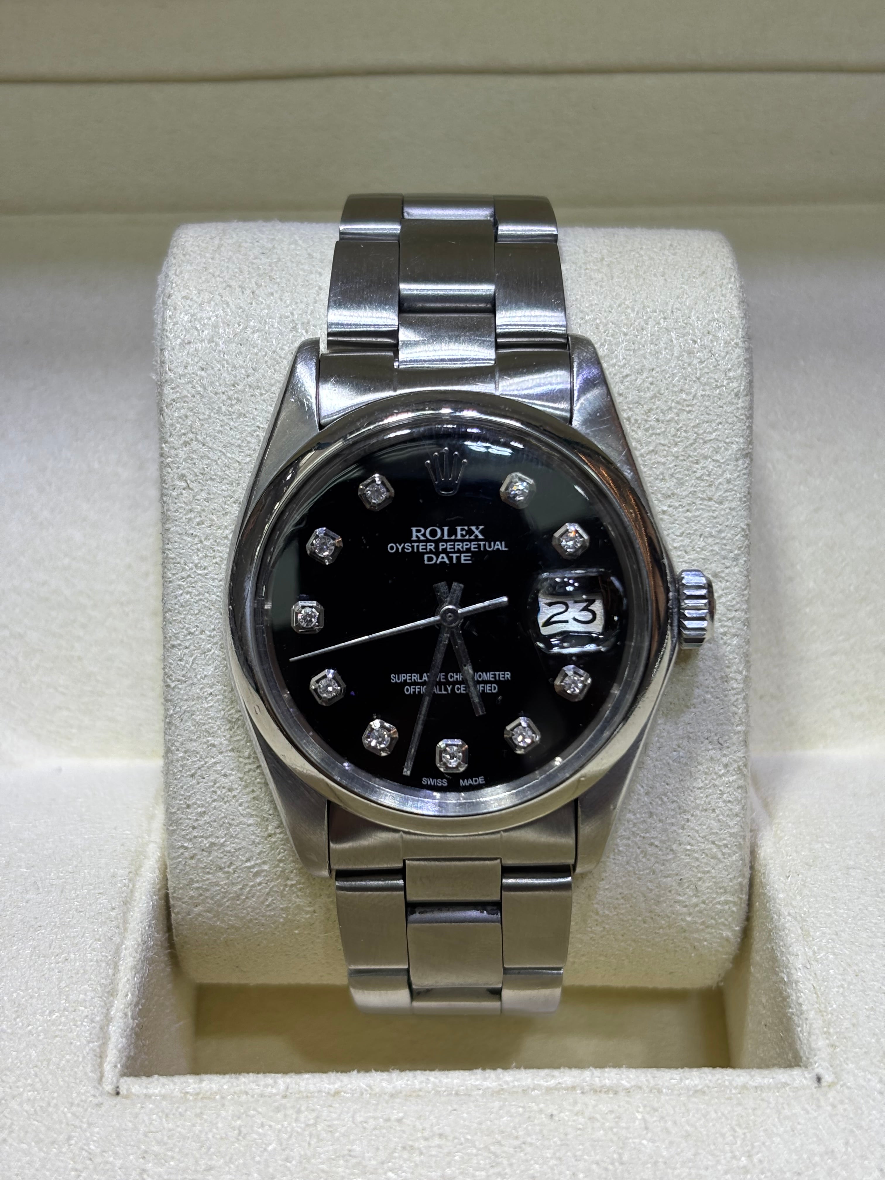 34MM ROLEX DATE | STEEL | OYSTER BRACELET | BLACK DIAMOND DIAL