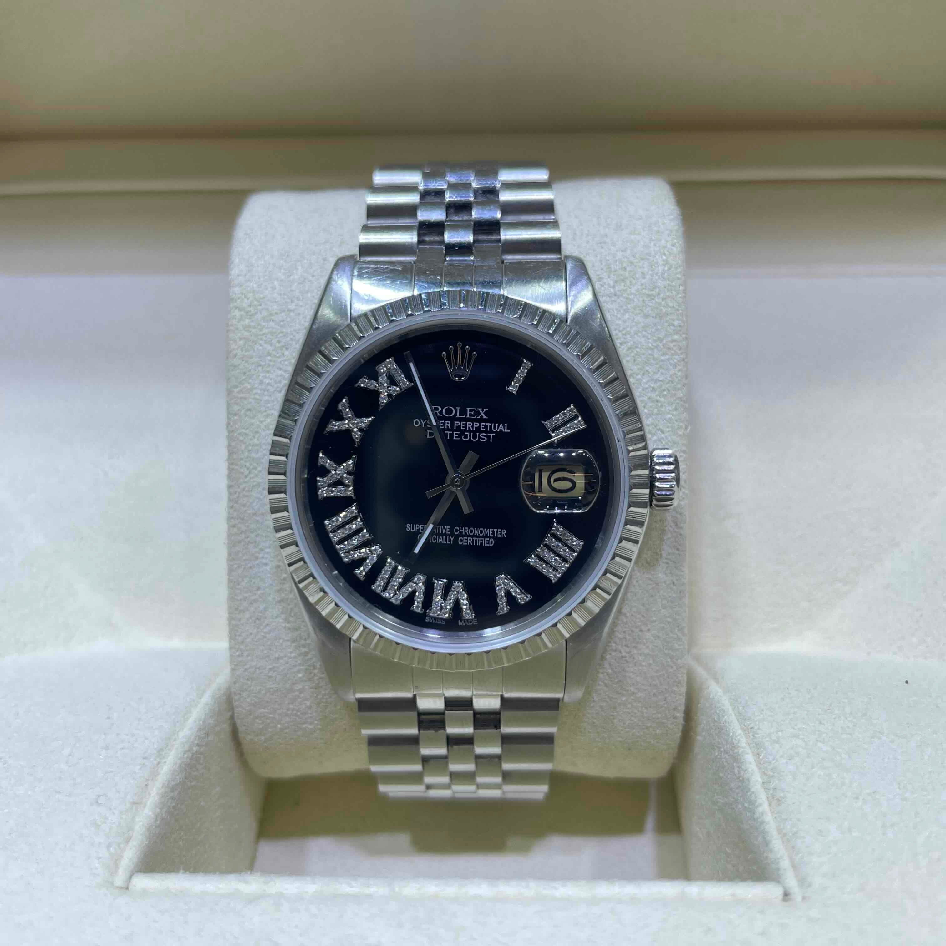36mm Mens Datejust Diamond Rolex Datejust Watch 16200 | Black Dial | Diamond Roman