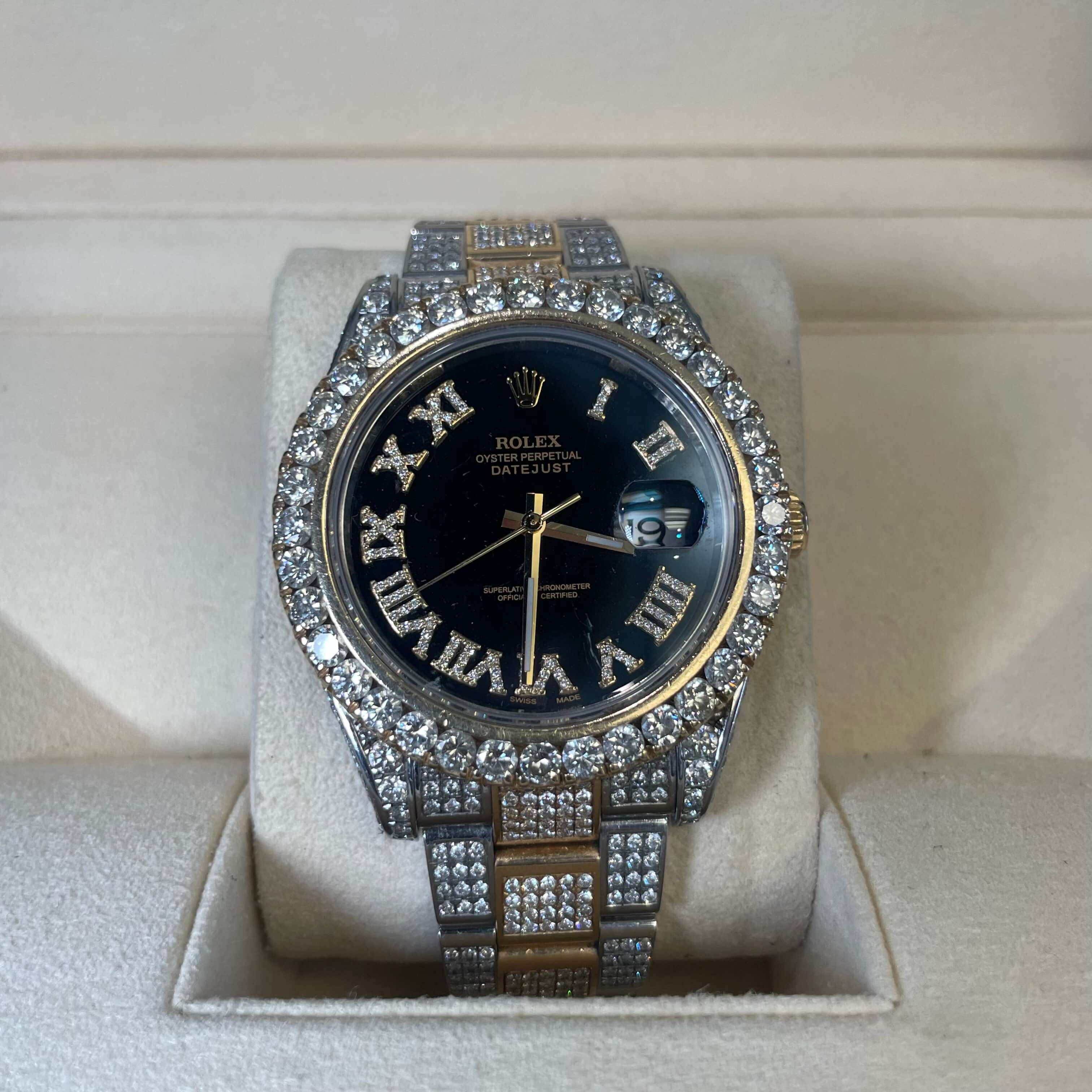 41mm Two Tone Bust Down Rolex Big XL Diamond Bezel | Roman Black