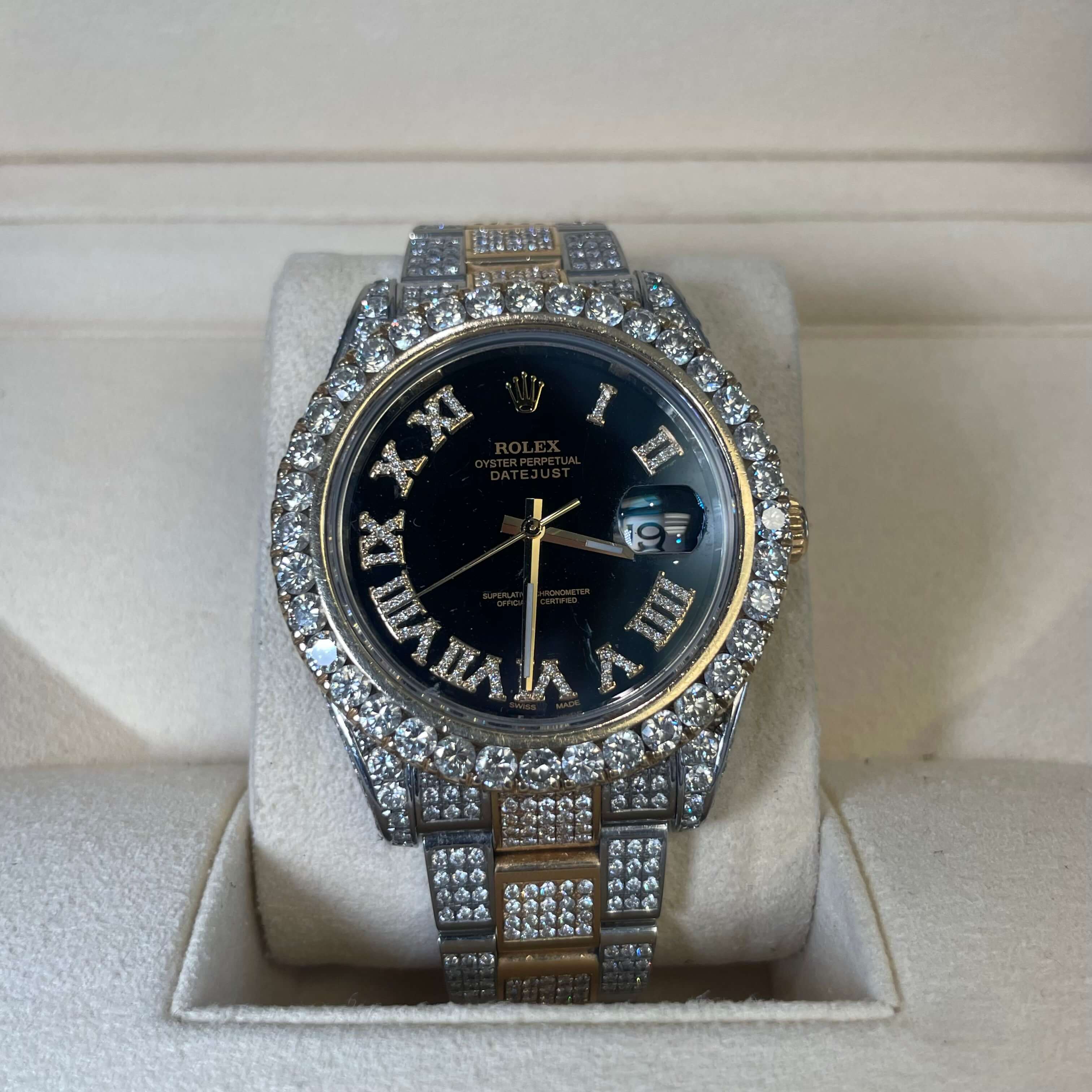 41mm Two Tone Bust Down Rolex Big XL Diamond Bezel | Roman Black