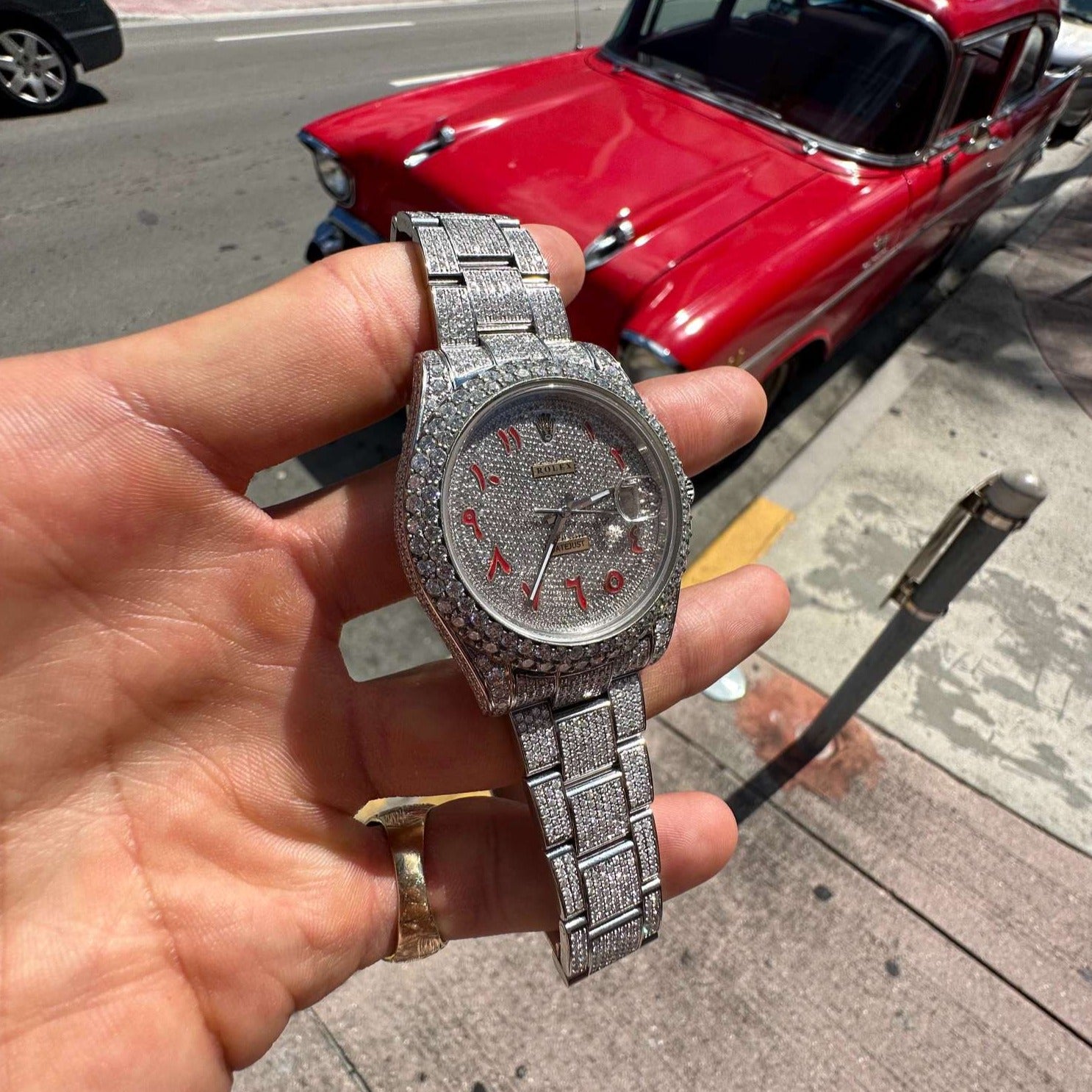 Bust Down Rolex 41mm Red Arabic Dial