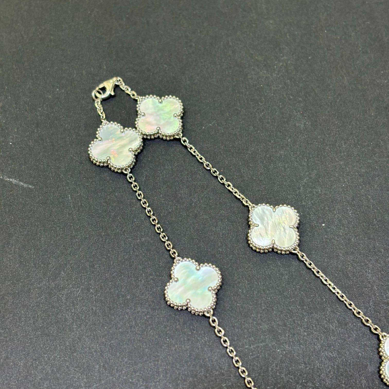 14K White Gold Mother of Pearl Clover Necklace