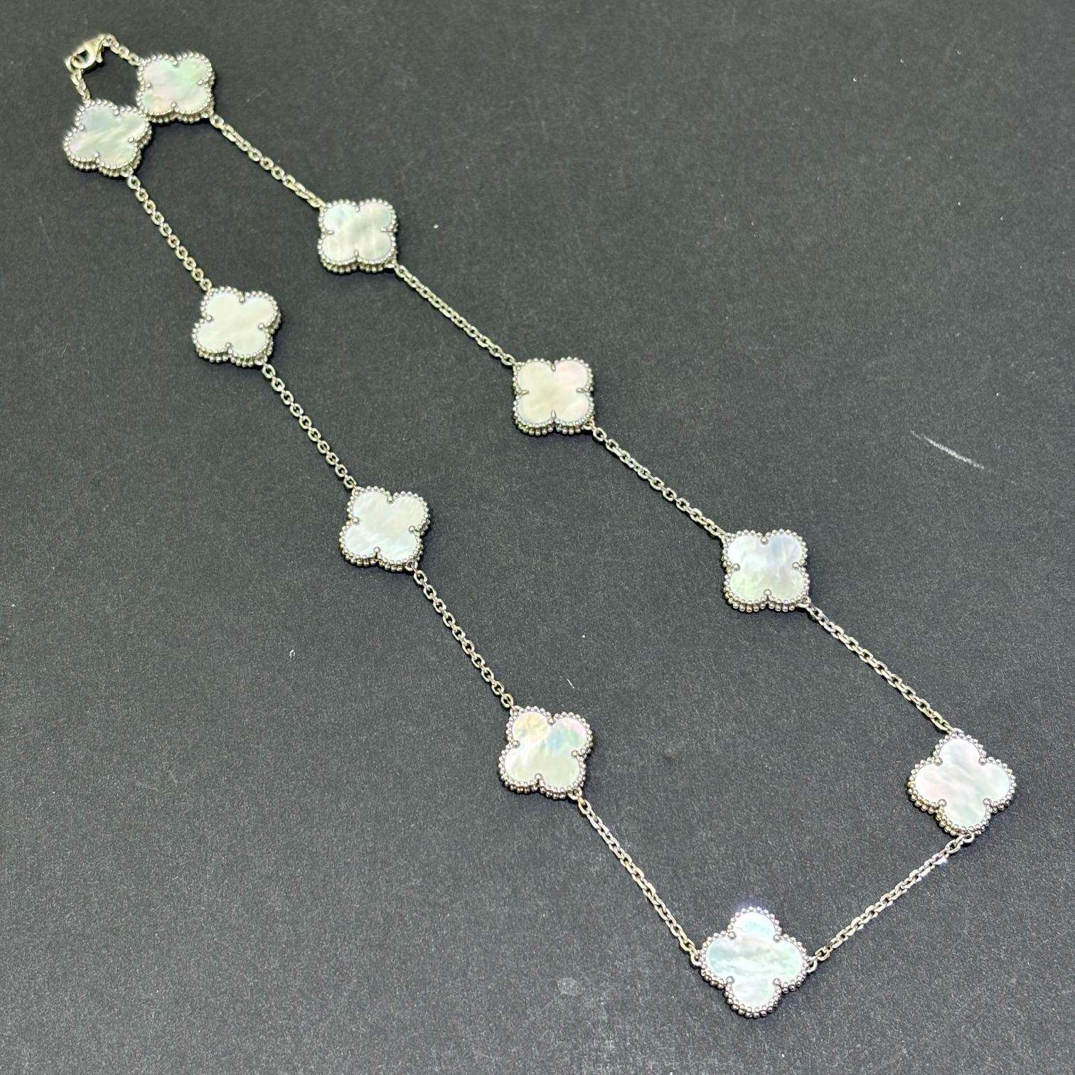 14K White Gold Mother of Pearl Clover Necklace