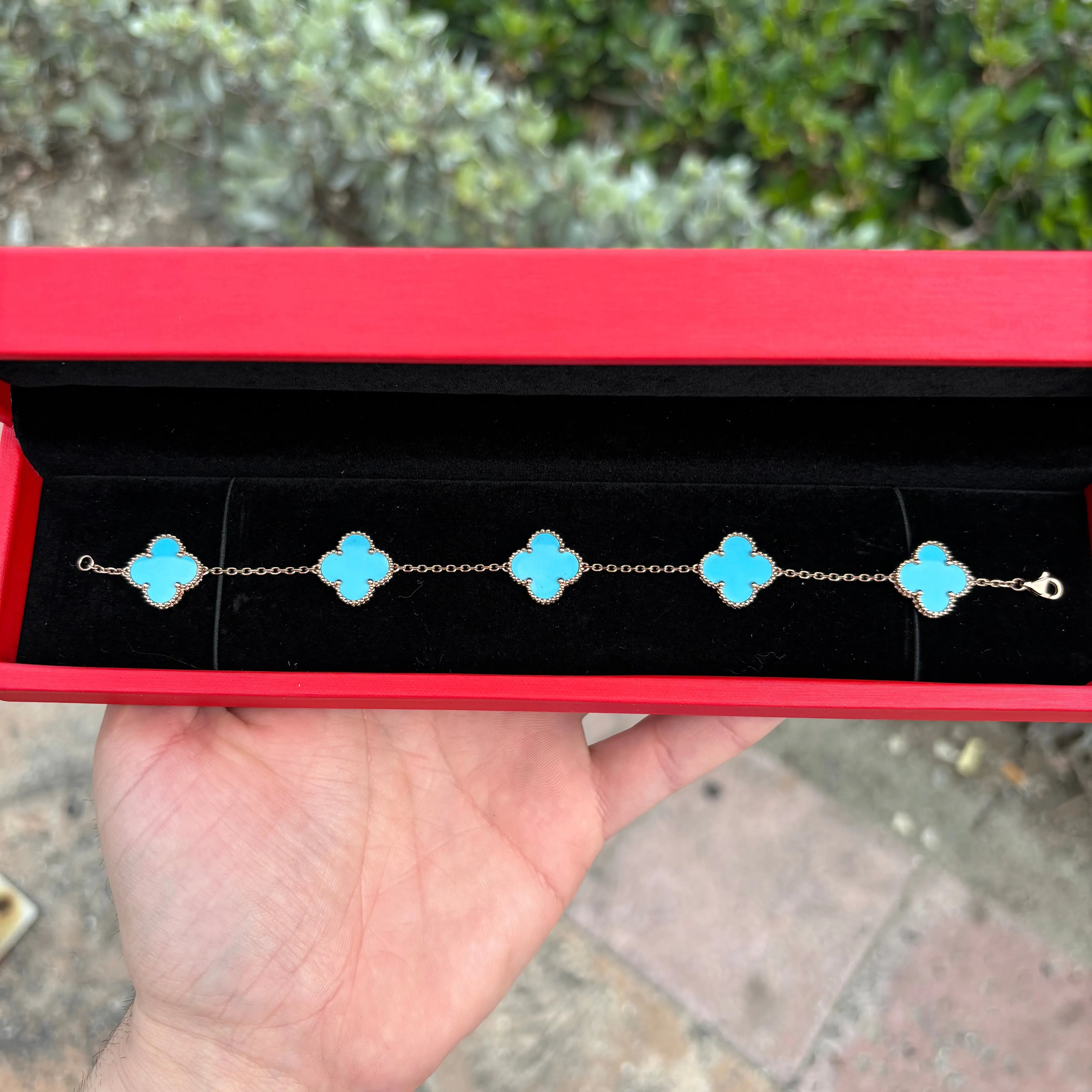 14k Turquoise Rose Gold Blue Clover Bracelet