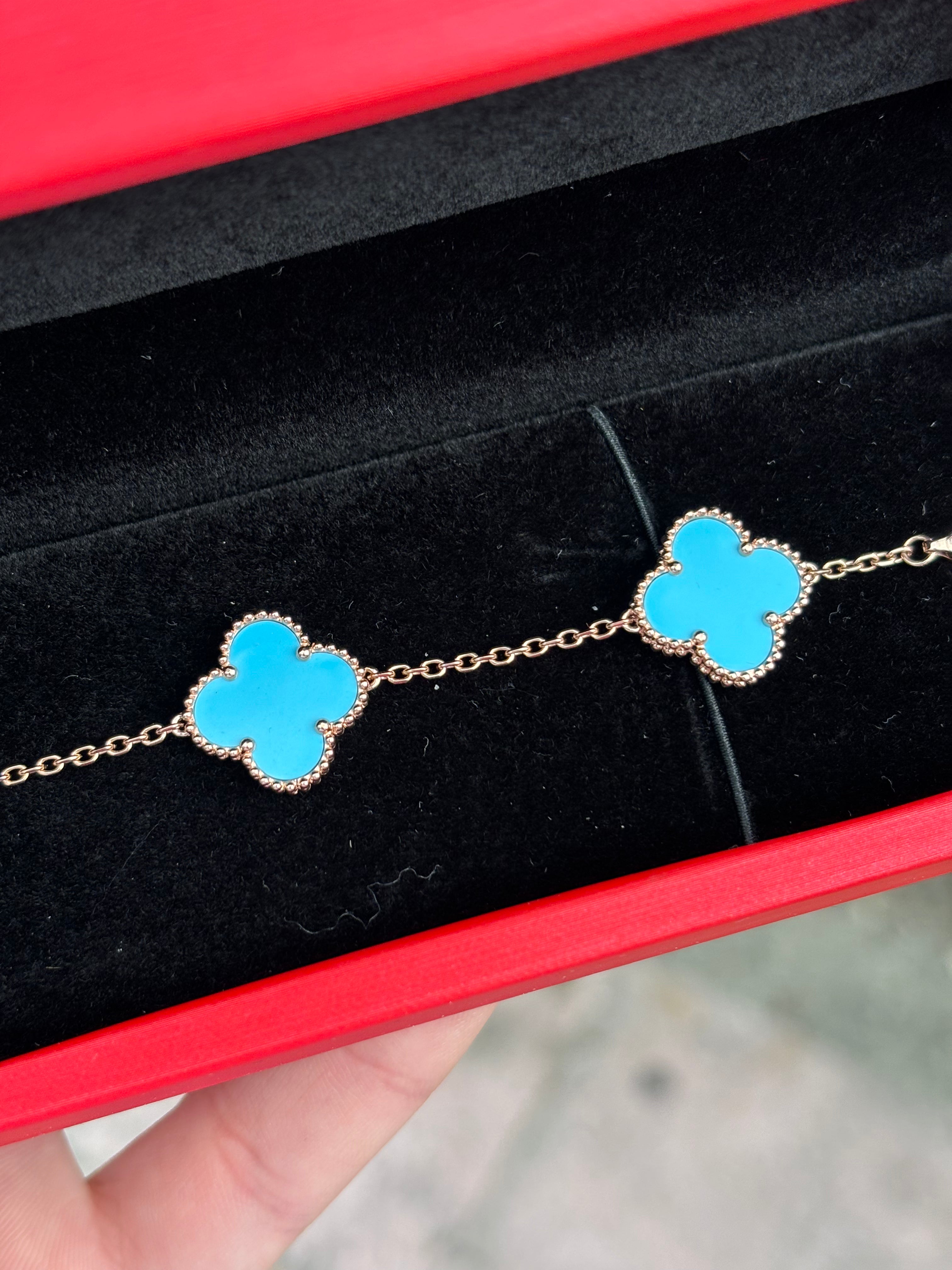 14k Turquoise Rose Gold Blue Clover Bracelet