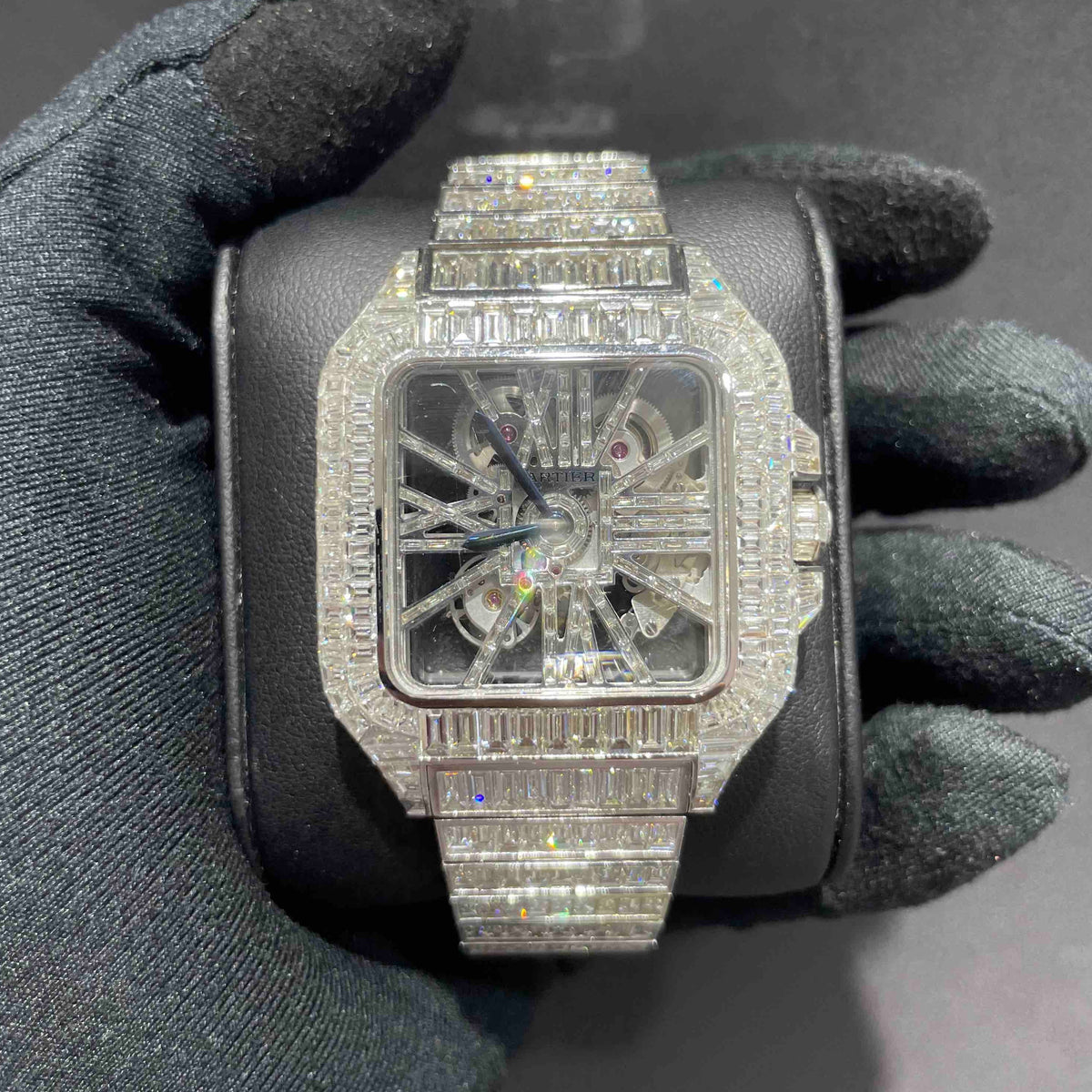 Iced Out Cartier Skeleton Chandelier VVS1 Iced Bust Down Watch 62 cts RDP Miami Beach Jewelry