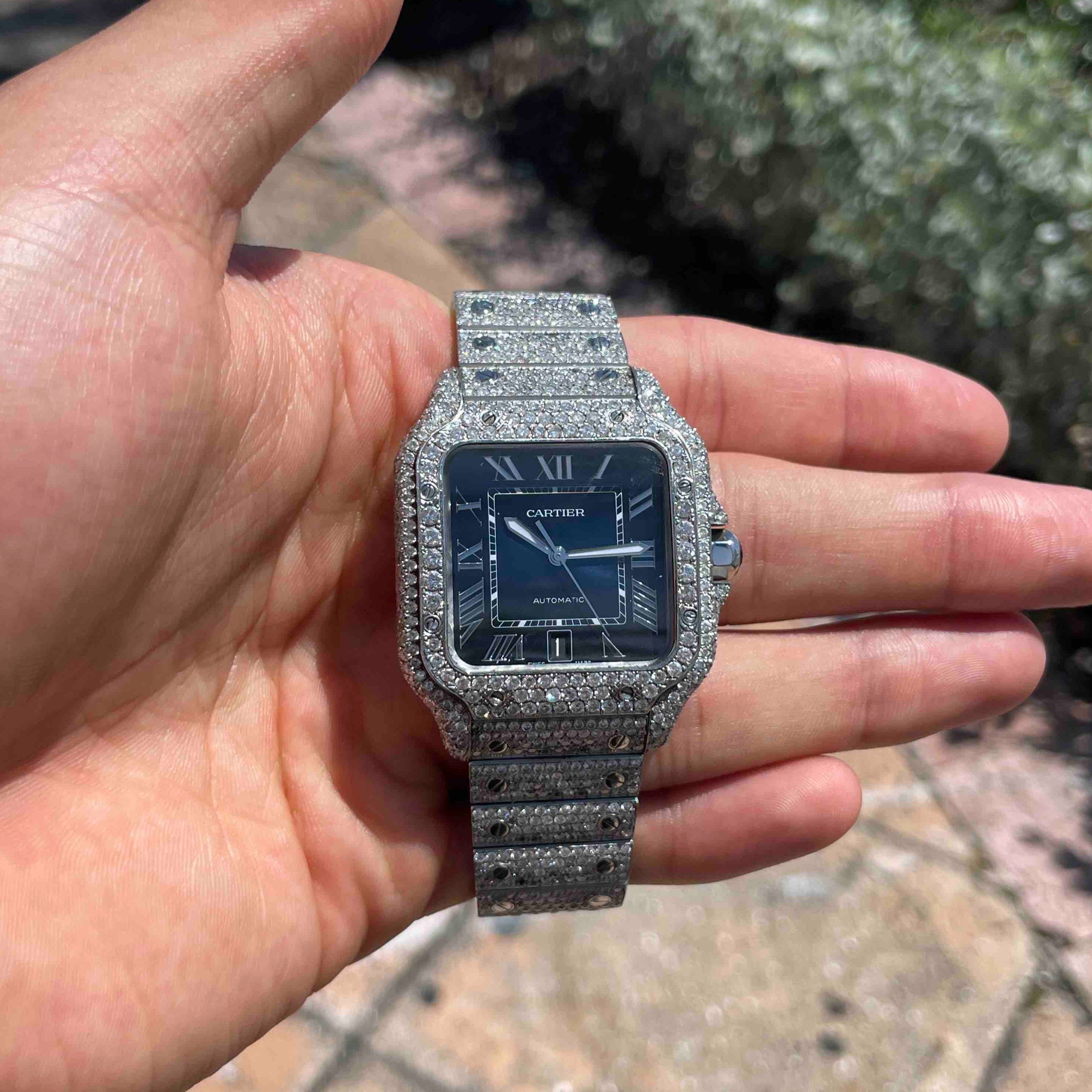 Iced Out Cartier Watch Blue Face