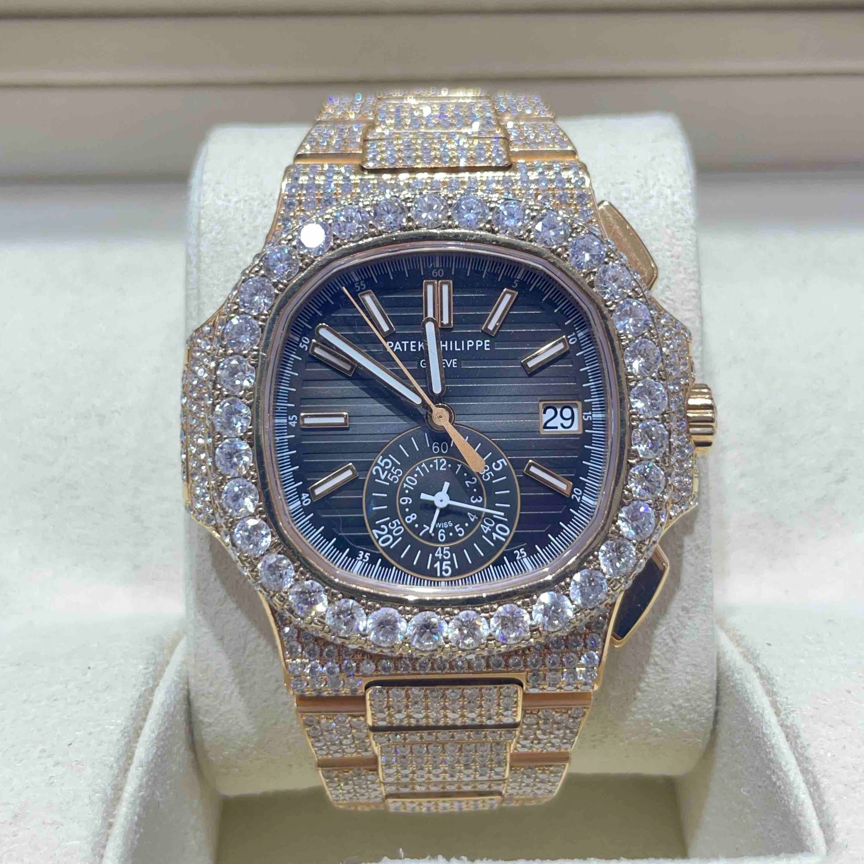 Patek philippe nautilus rose hot sale gold iced out 5980