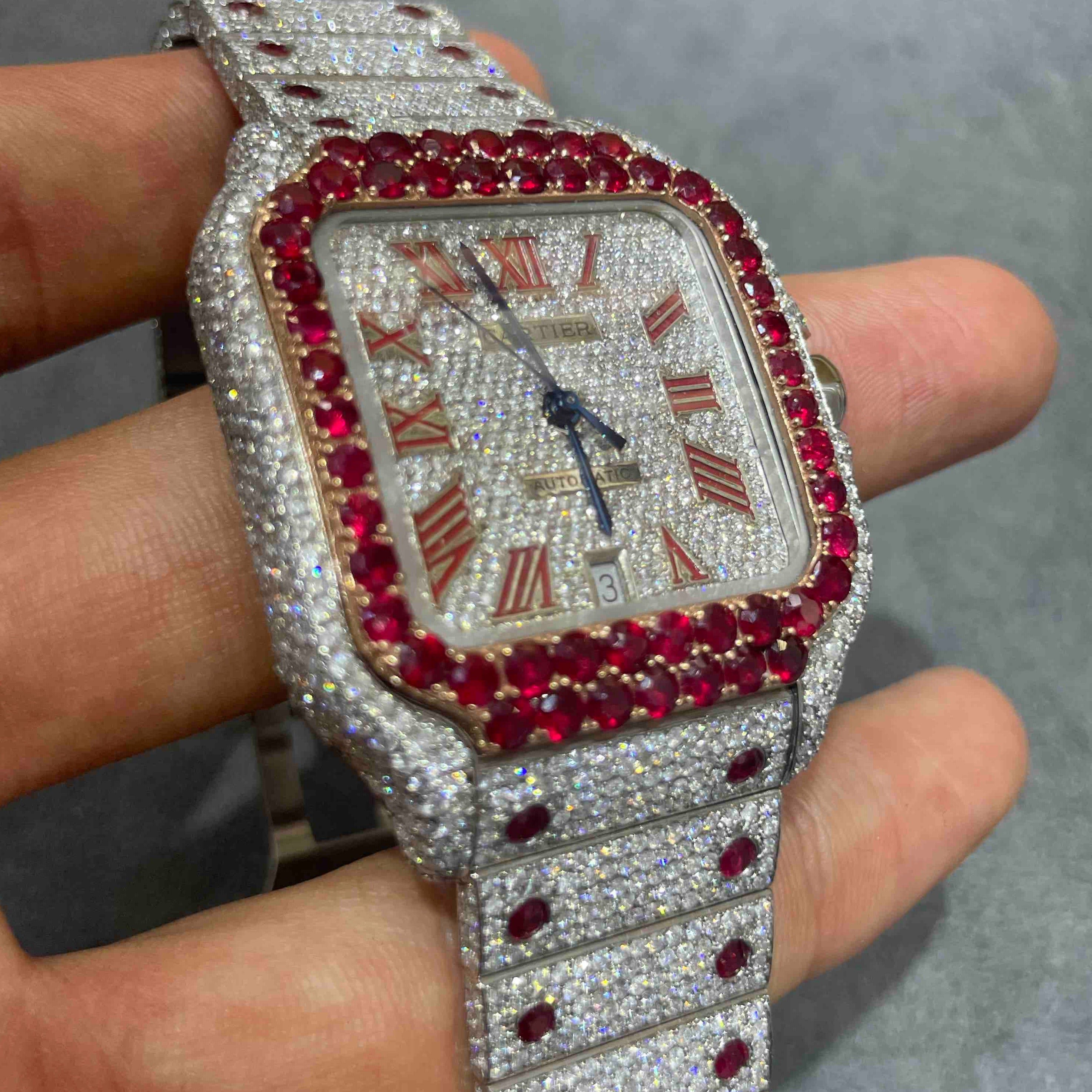 Mens Real Diamond Ruby Red Dial Roman Face Gold Tone Custom Band Bezel XL  Watch | eBay