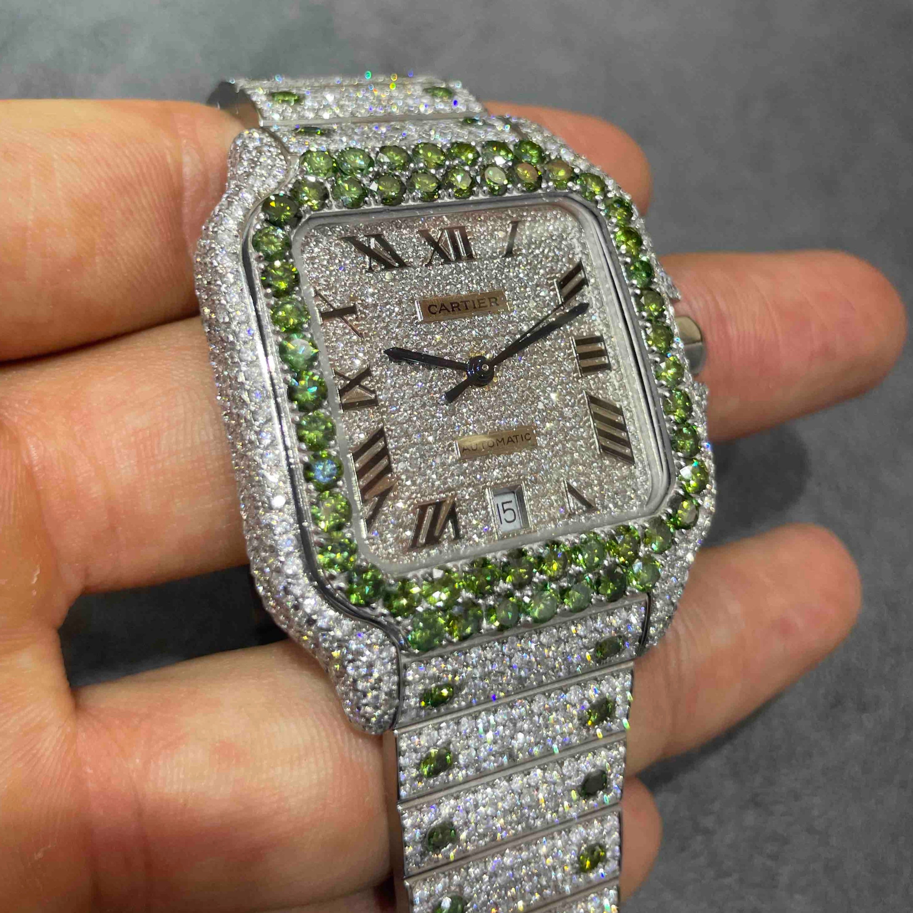 Iced Out Cartier Santos Watch Emerald