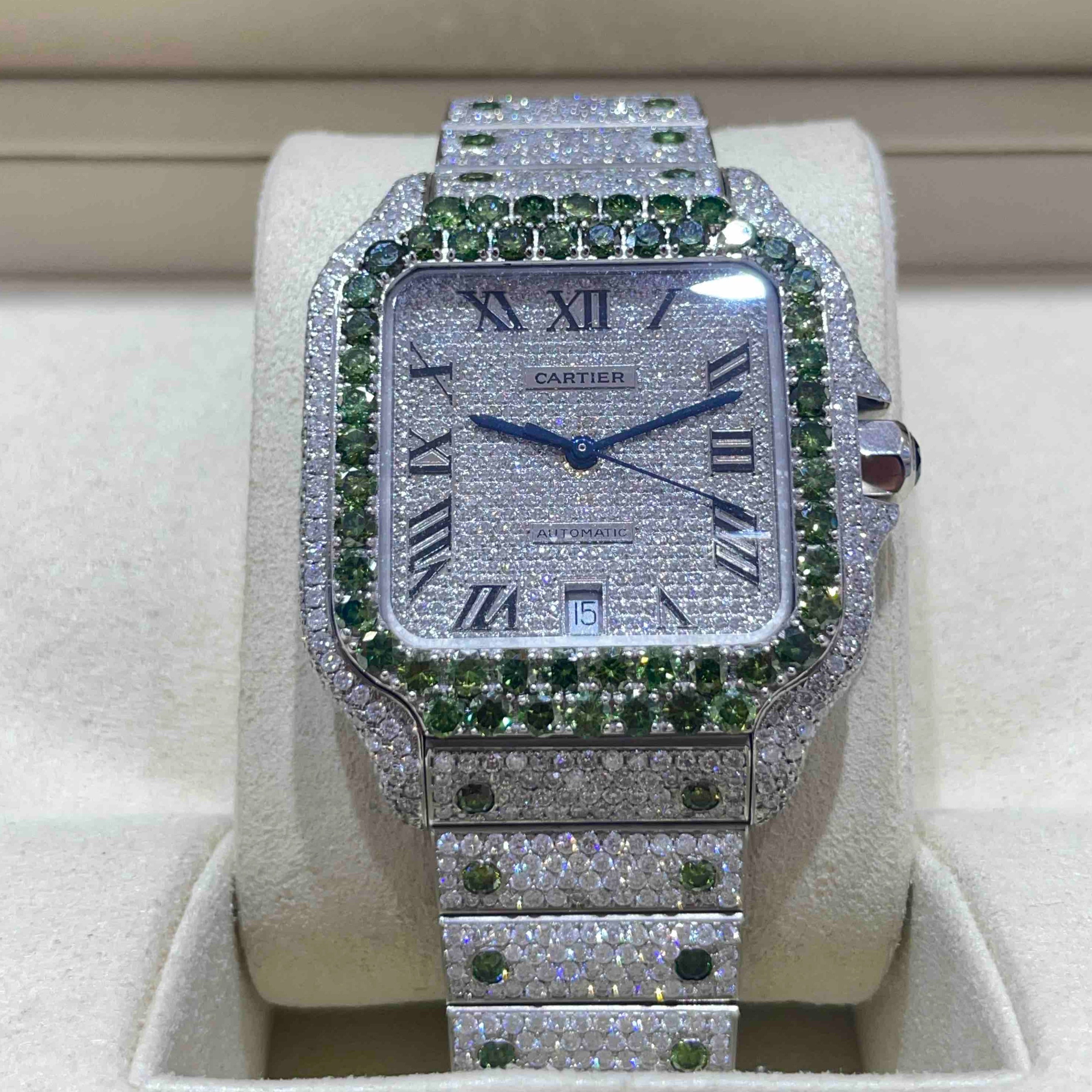 EMERALD ICED OUT CARTIER WATCH