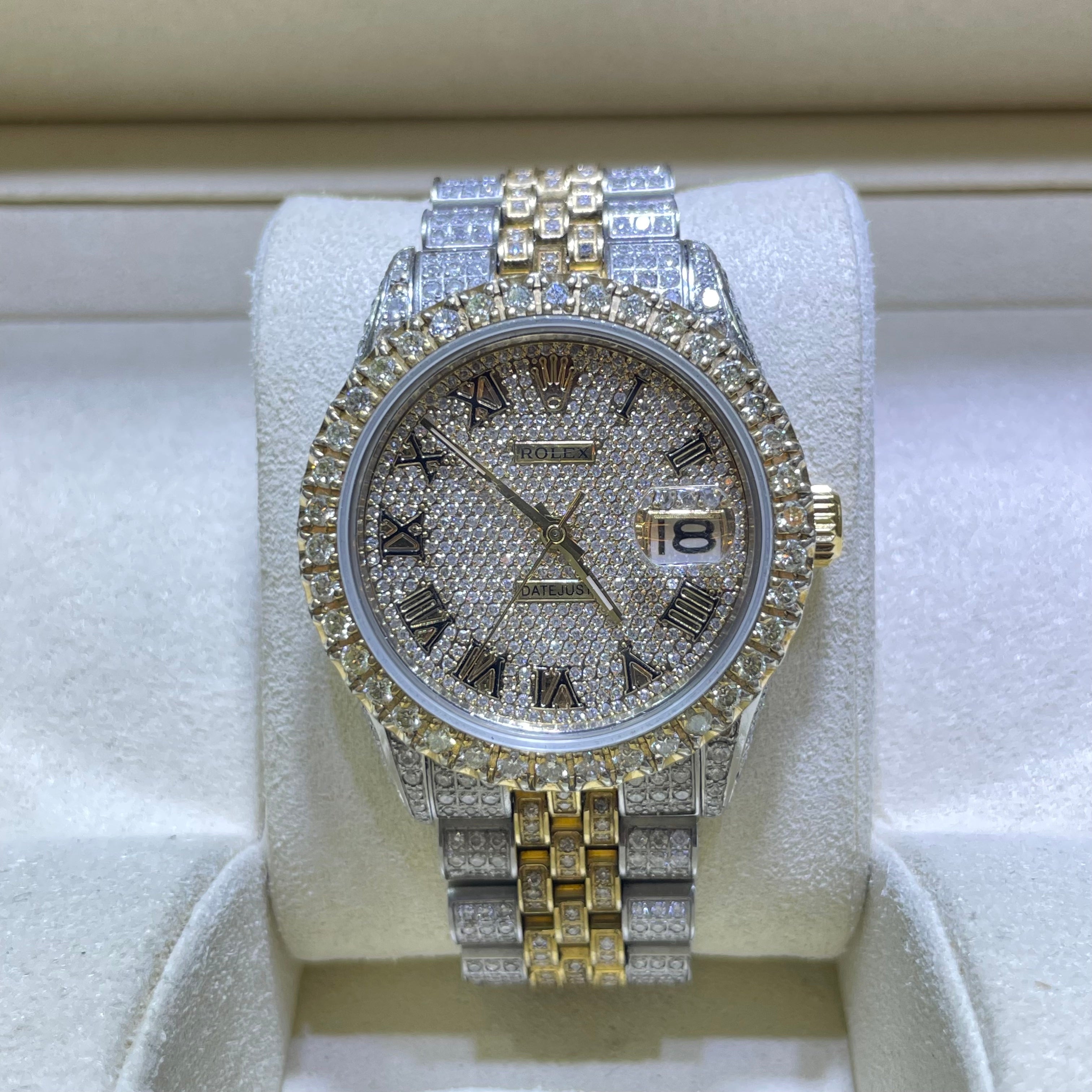 Iced Out Rolex Yellow Two Tone Roman Dial Jubilee