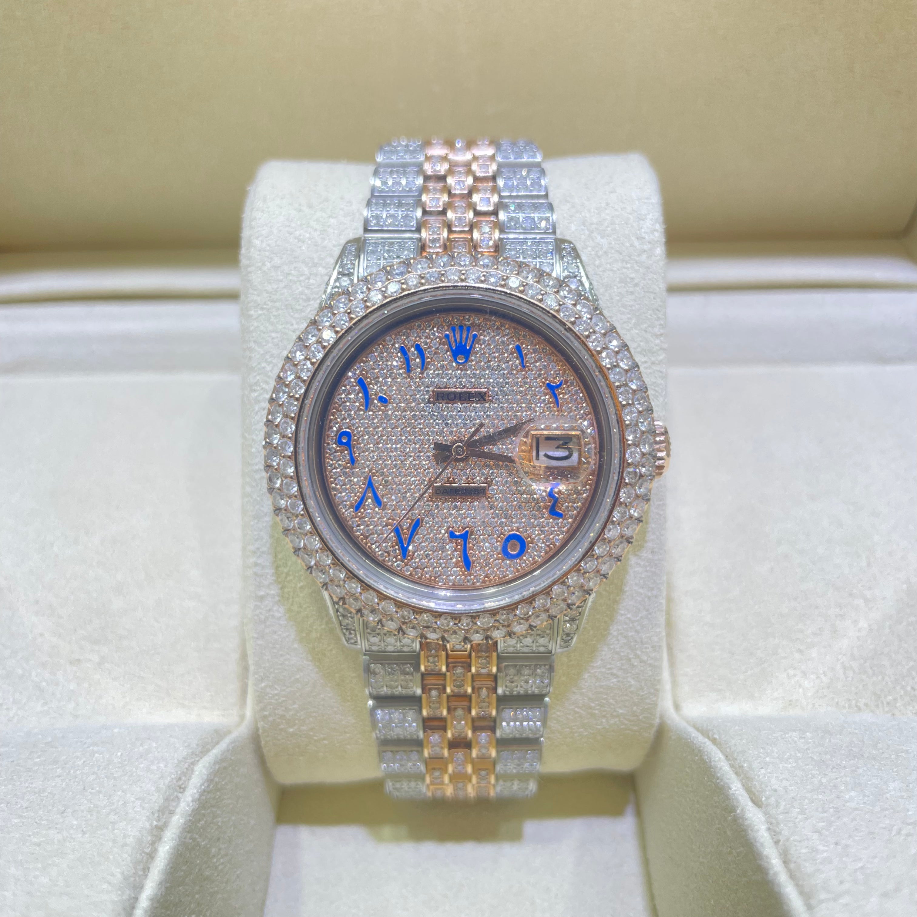 36mm Iced Out Rolex Rose Gold Blue Arabic Dial