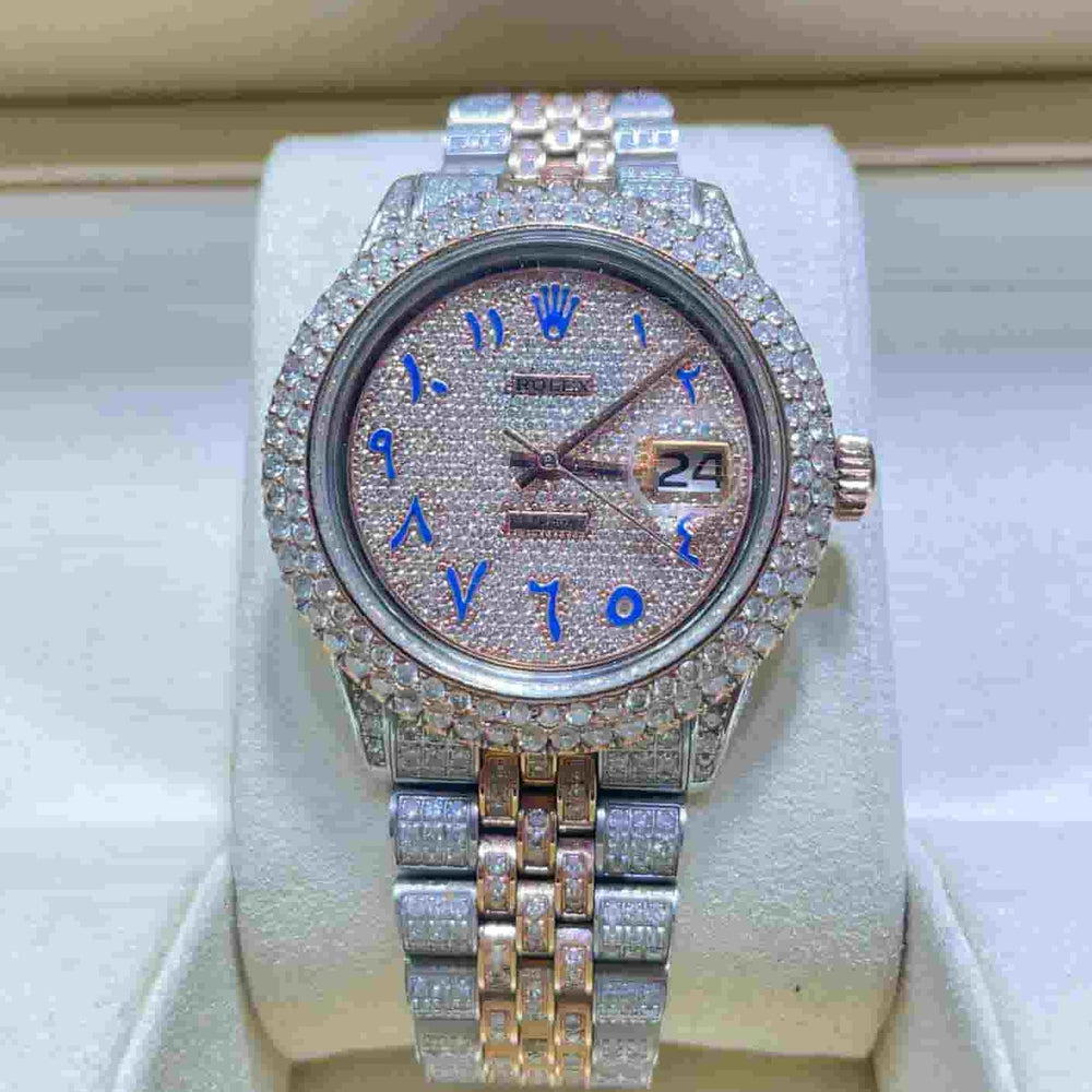 36mm Iced Out Rolex Rose Gold Blue Arabic Dial