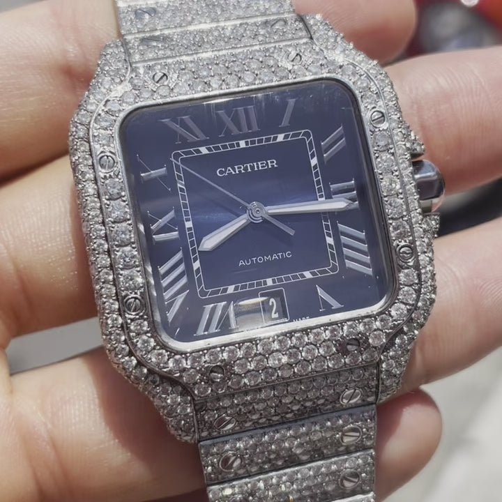 Iced Out Cartier Watch Blue Face 22 cts Natural VS1