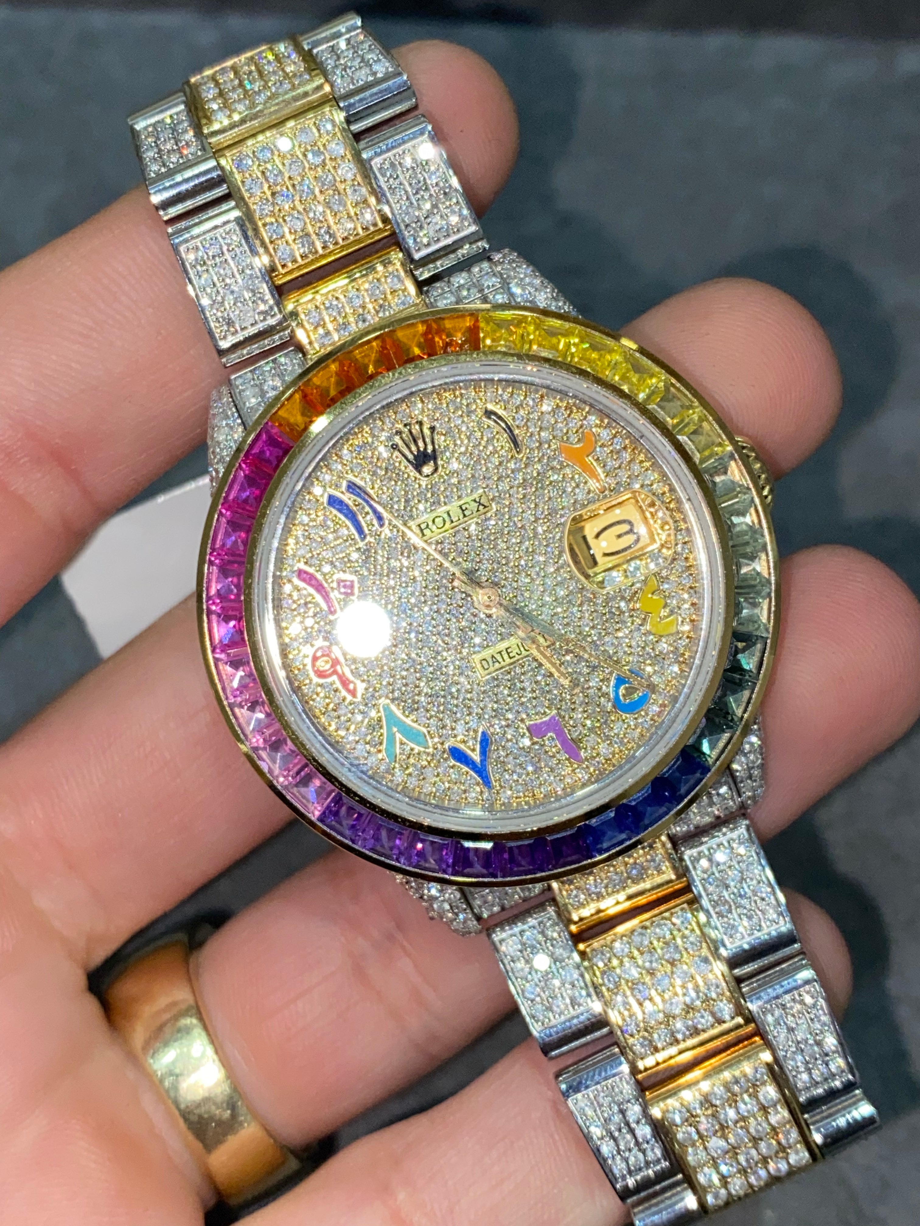 36mm rolex datejust “iced bustdown ” oyster band rainbow 🌈 15 cts .t.w. vs1 natural 💎