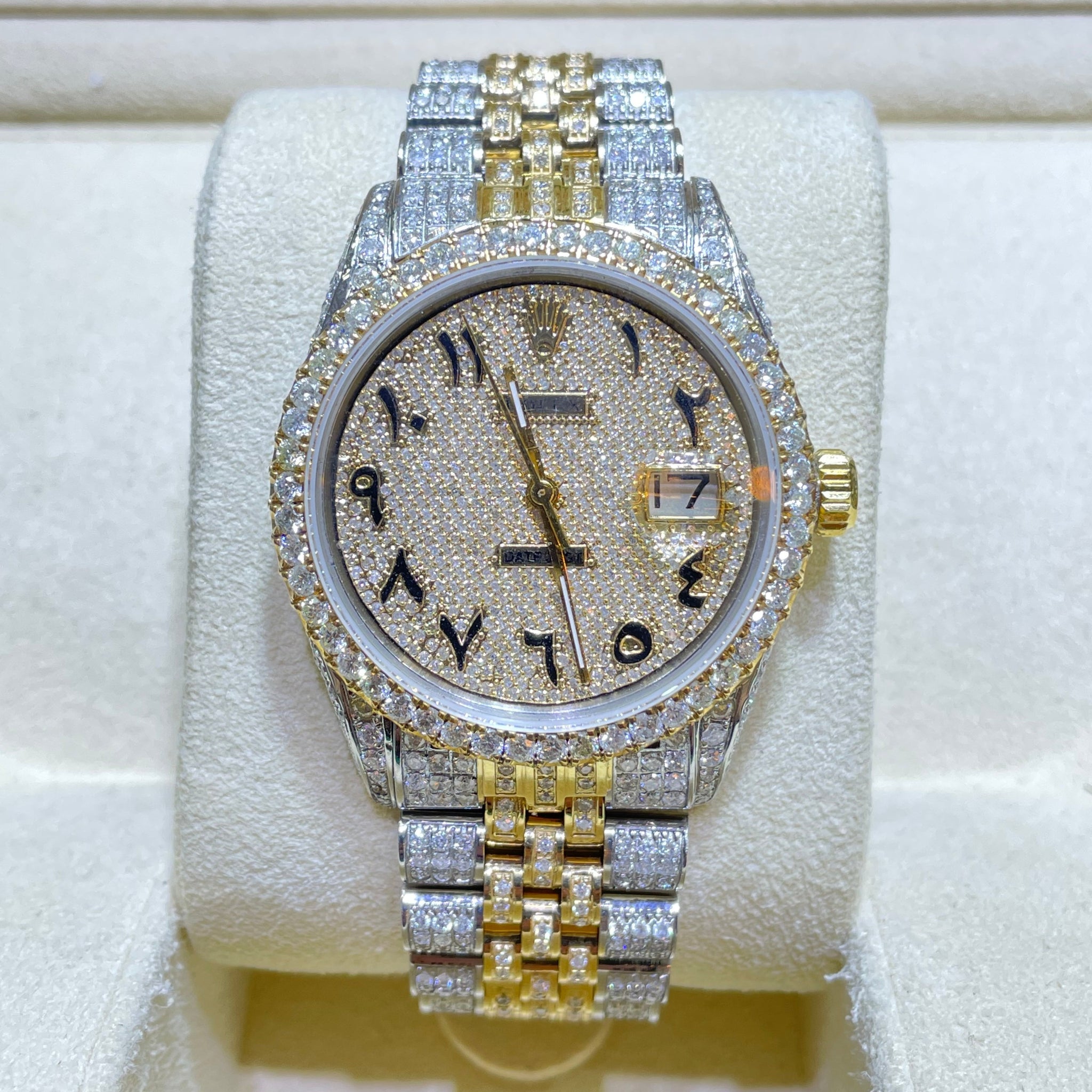 36mm Bust Down Rolex Arabic Dial Yellow Two-Tone Fully Iced Out