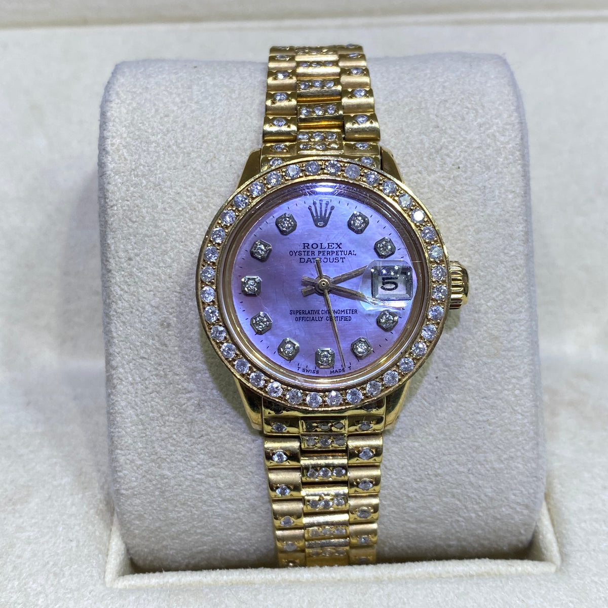 26mm women’s Rolex bust down watch - oyster pearl dial with diamonds bezel Buy Full Diamond Bust Down Rolex Datejust Gold Watch for  main image 2