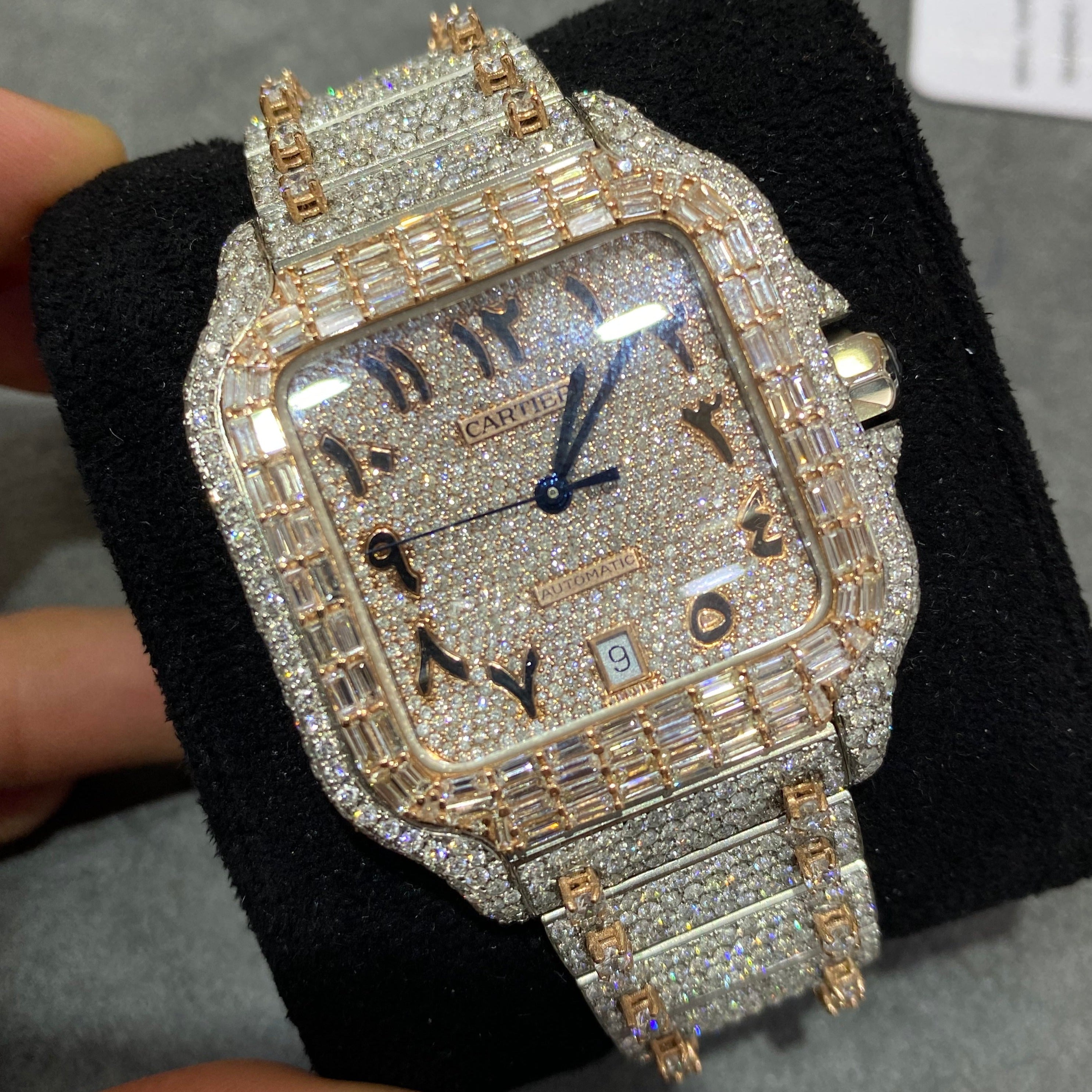 NEW 1of1 ICED OUT CARTIER WATCH Rose TwoTone Bust Down Arabic Dial