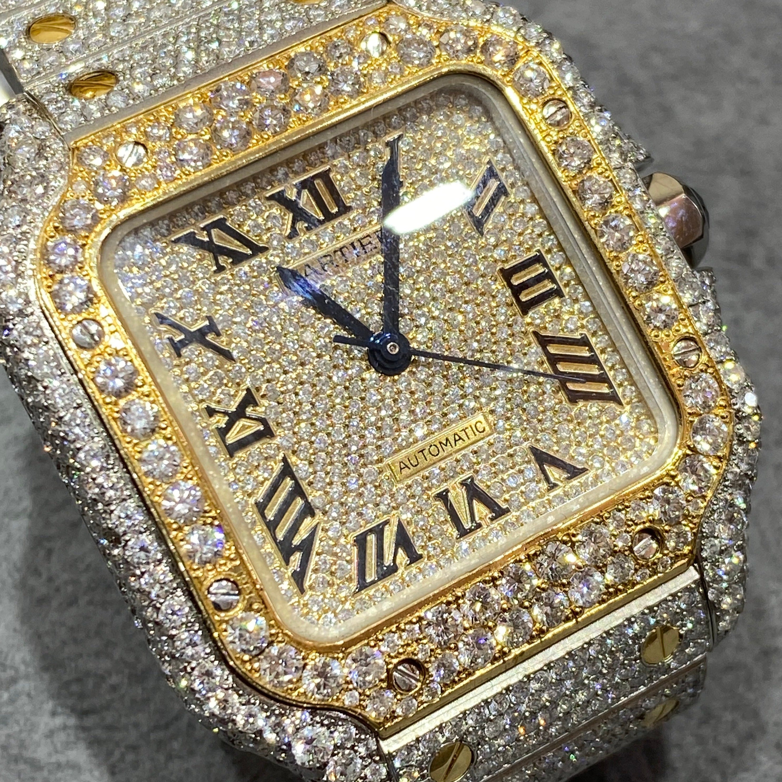 Iced Out Two Tone Cartier Santos Bust Down Watch BRAND NEW 22 cts