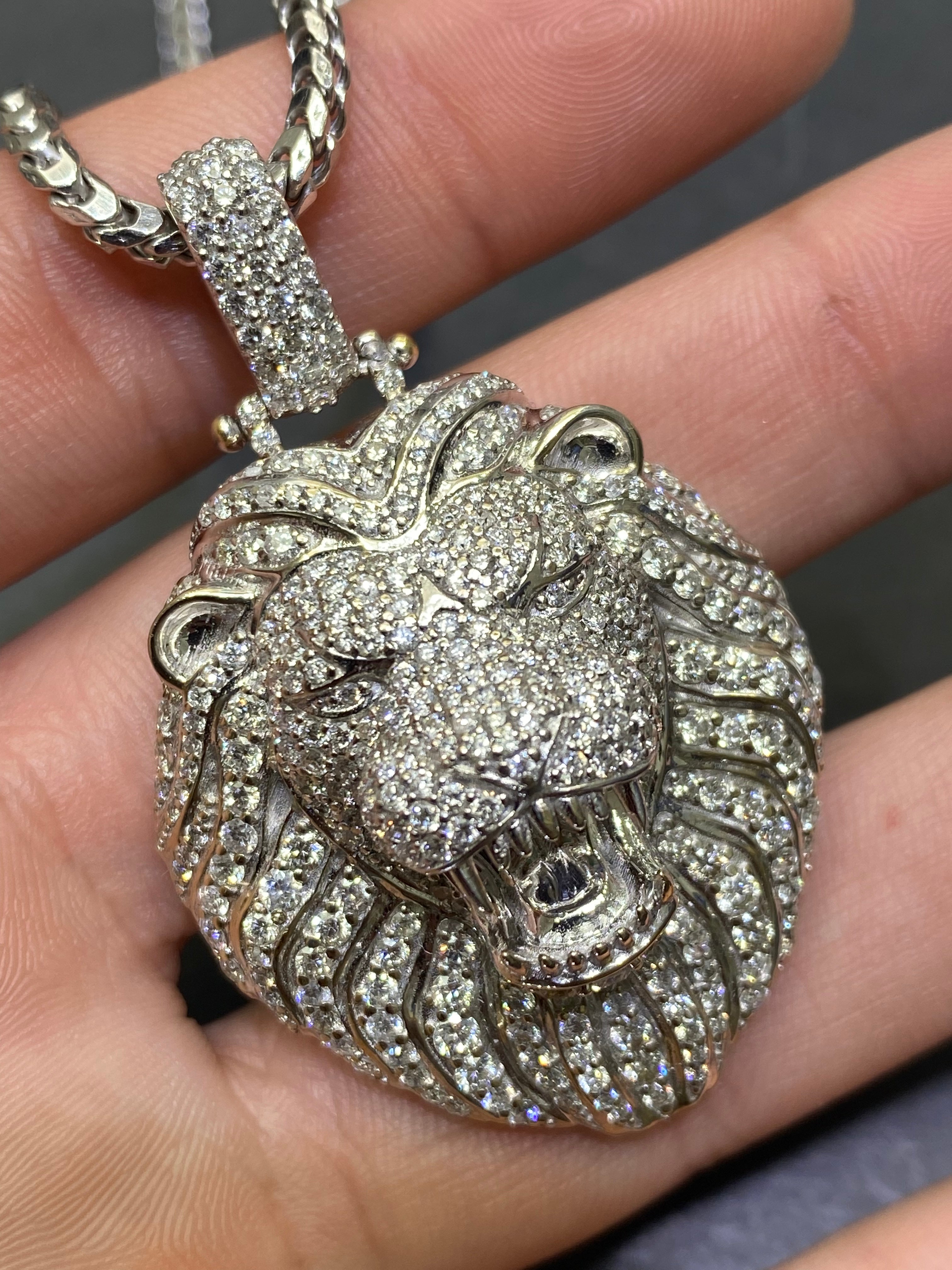 New 14k "Iced Out" Lion Custom Pendant 4 cts t.w. Natural VS1 Diamonds and 32 grams 14k White Gold