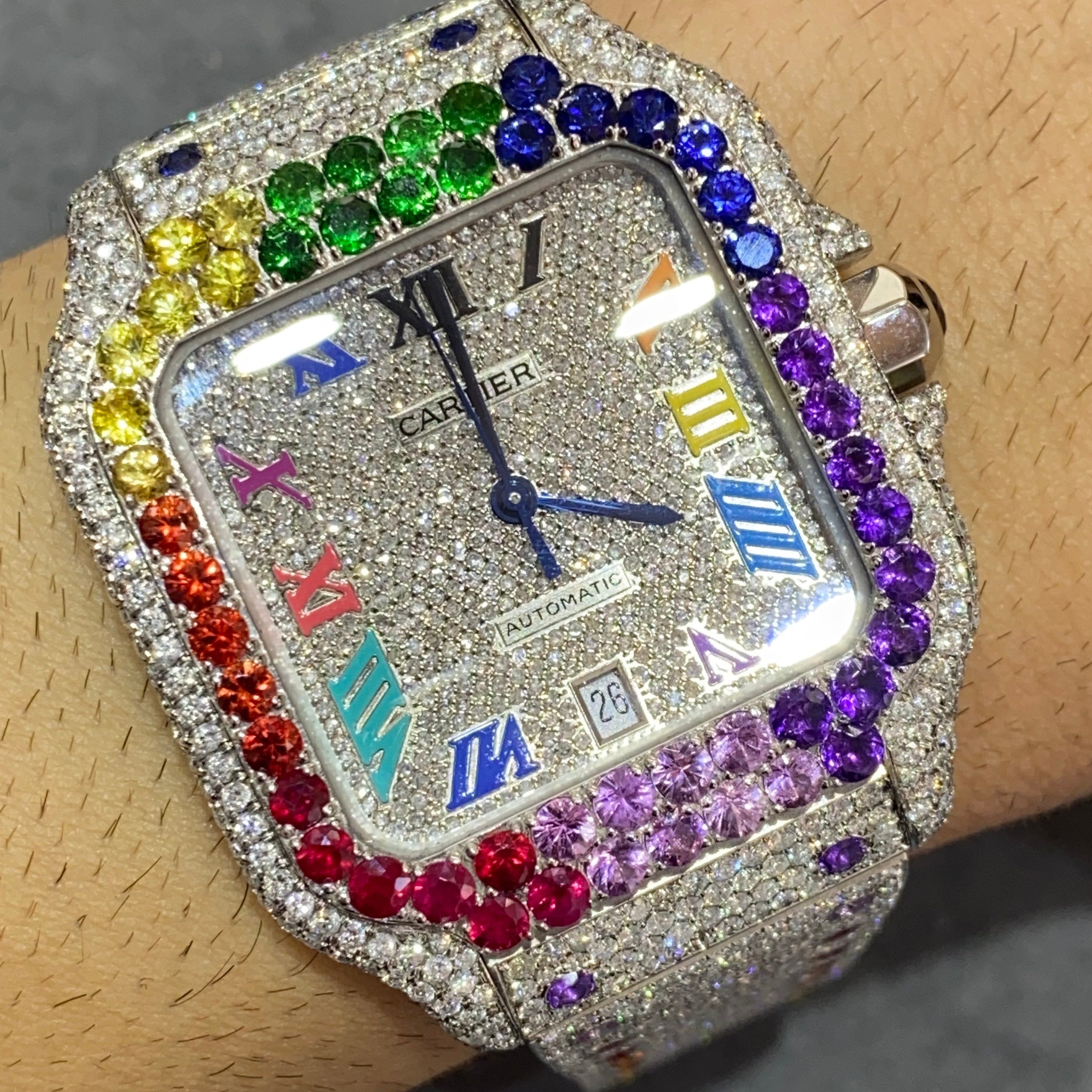 new cartier santos xl "iced bustdown"watches ! ruby,sapphire,emerald,4styles vs1 💎natural stones