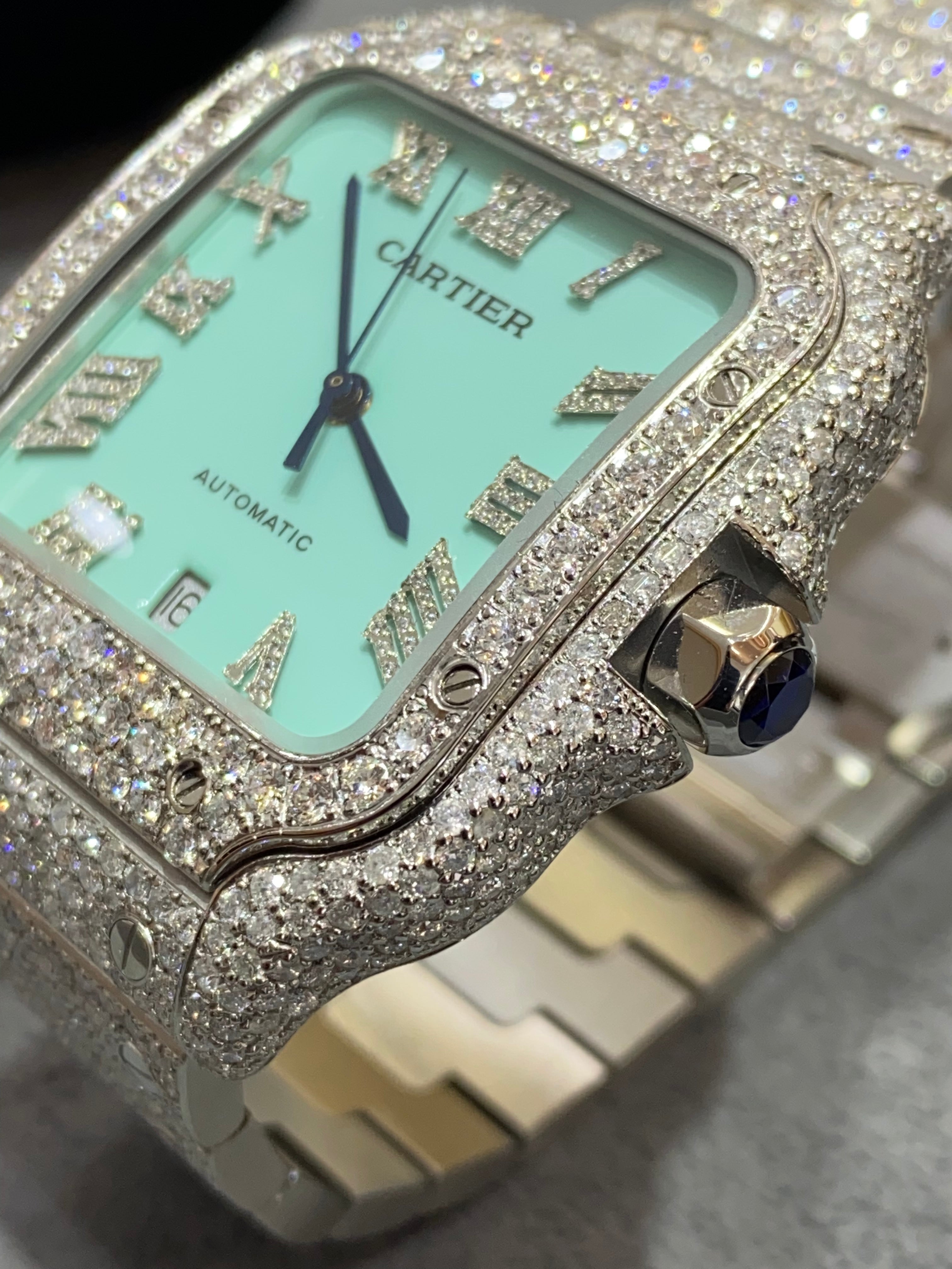 new 41mm cartier santos xl"iced bust down" watch blue “tiffany style”dial 18cts t.w.vs1 natural diamonds 💎