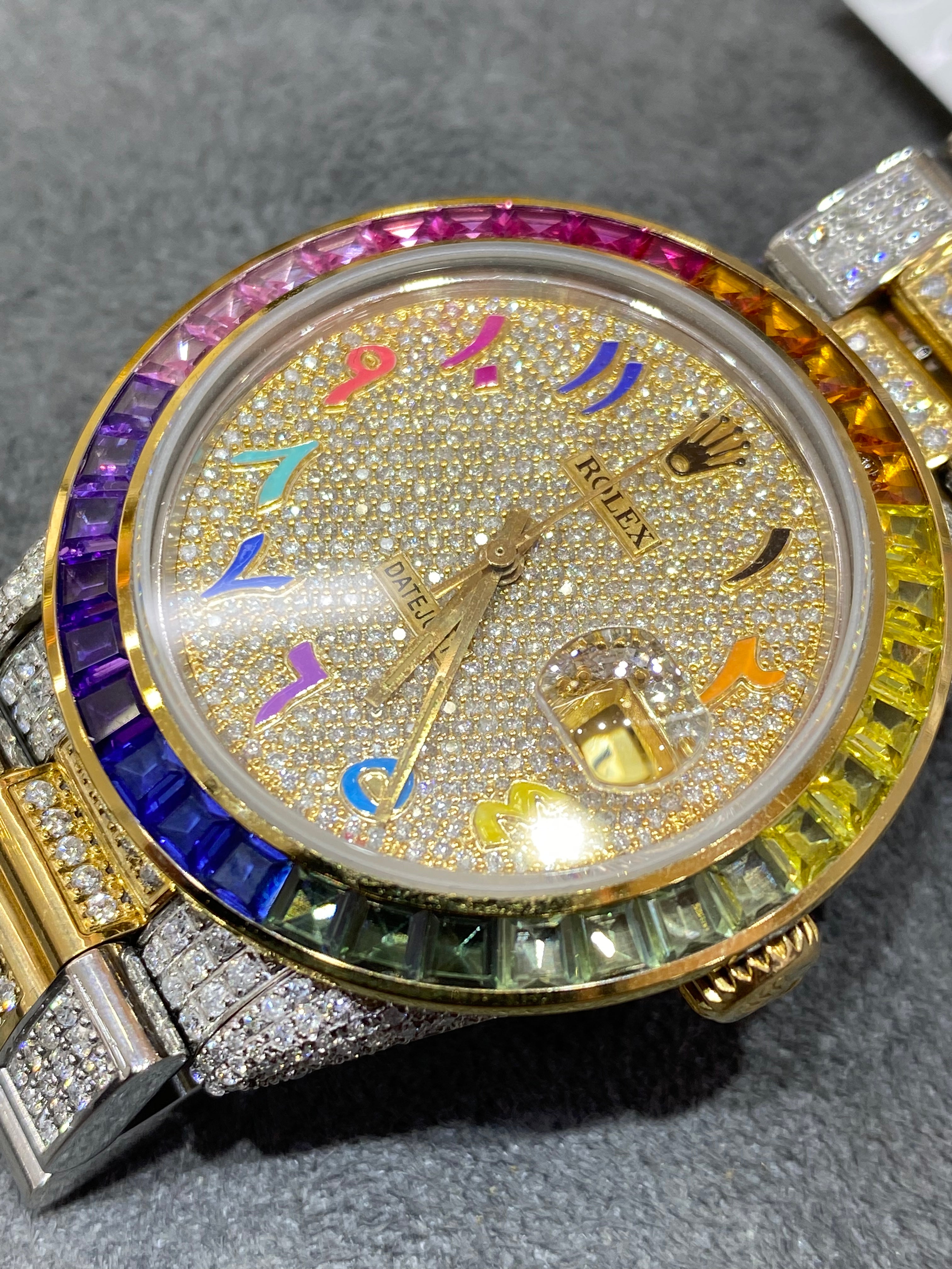 36mm rolex datejust “iced bustdown ” oyster band rainbow 🌈 15 cts .t.w. vs1 natural 💎