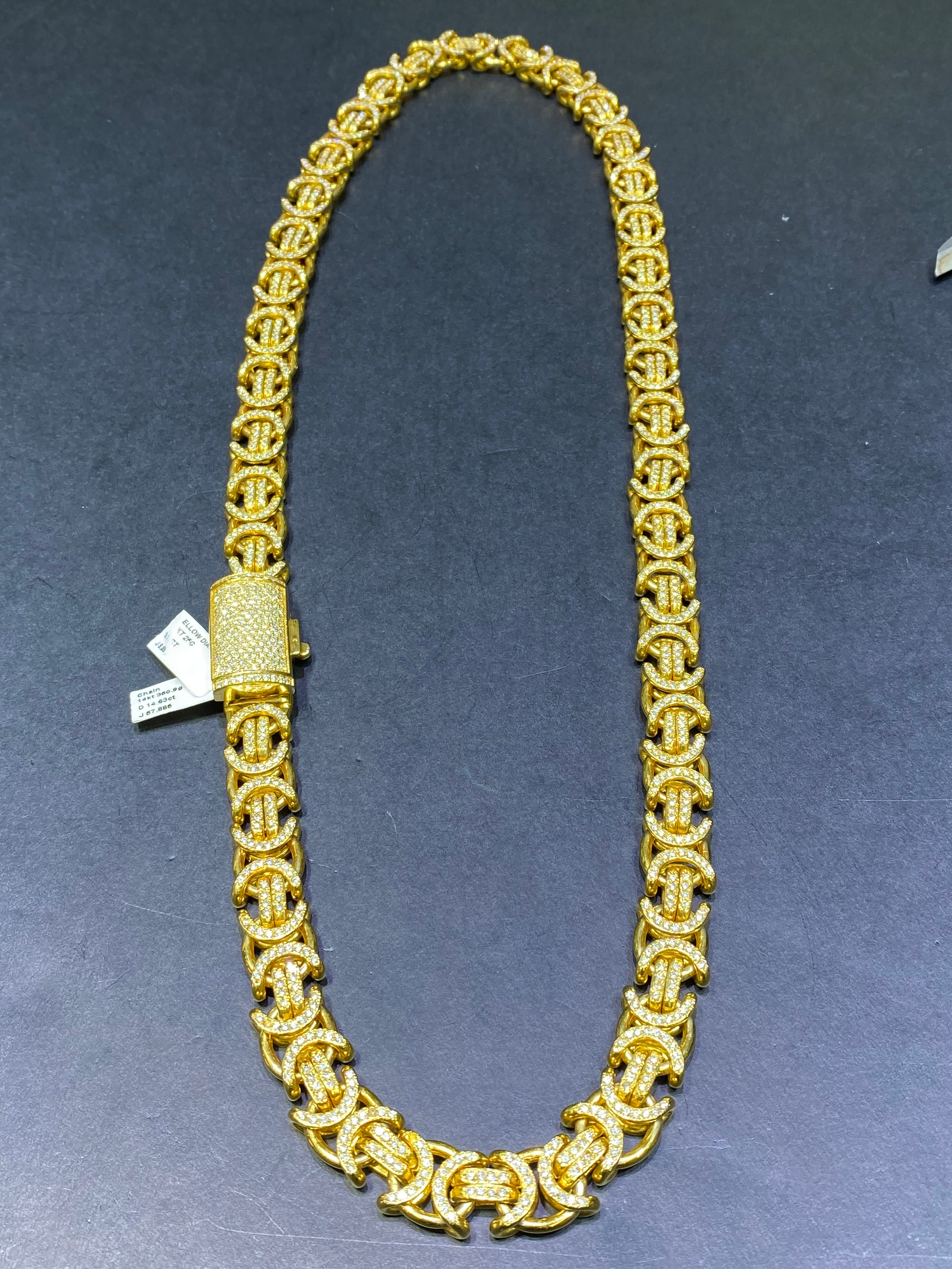 new 14k “kings chain”solid byzantine miami cuban link iced 15cts.t.w.vs1 natural diamonds