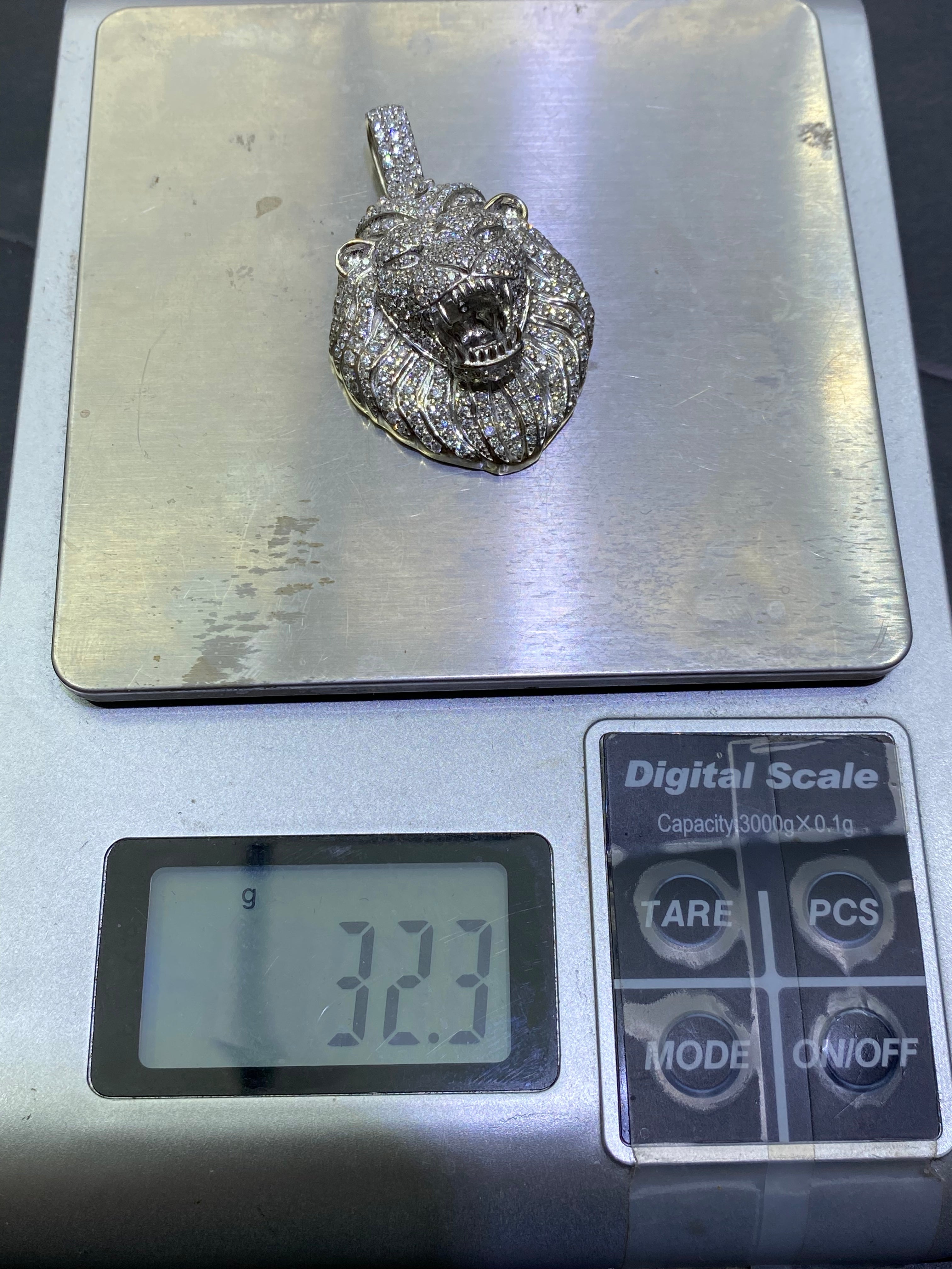 New 14k "Iced Out" Lion Custom Pendant 4 cts t.w. Natural VS1 Diamonds and 32 grams 14k White Gold