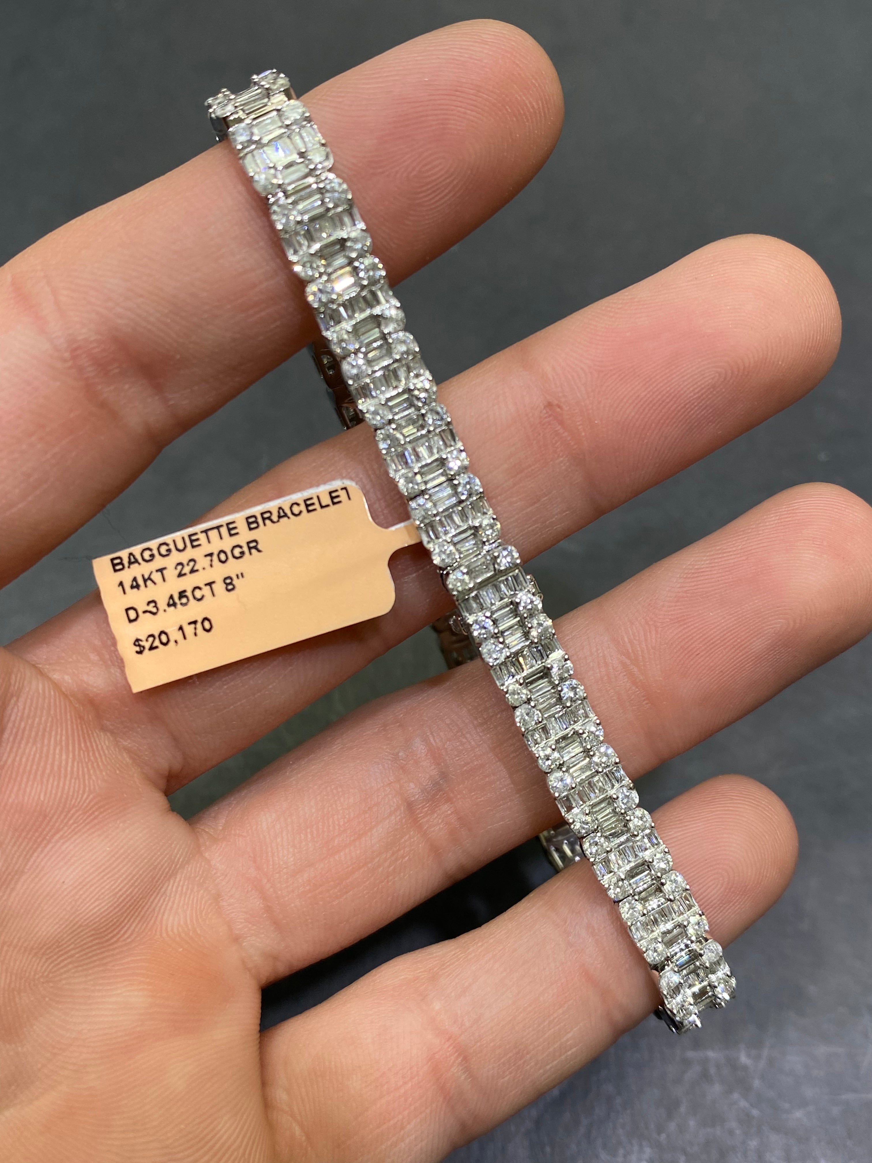 New 14k “iced”baguette bracelet Vvs1 G -color 4ctst.w. Natural diamonds