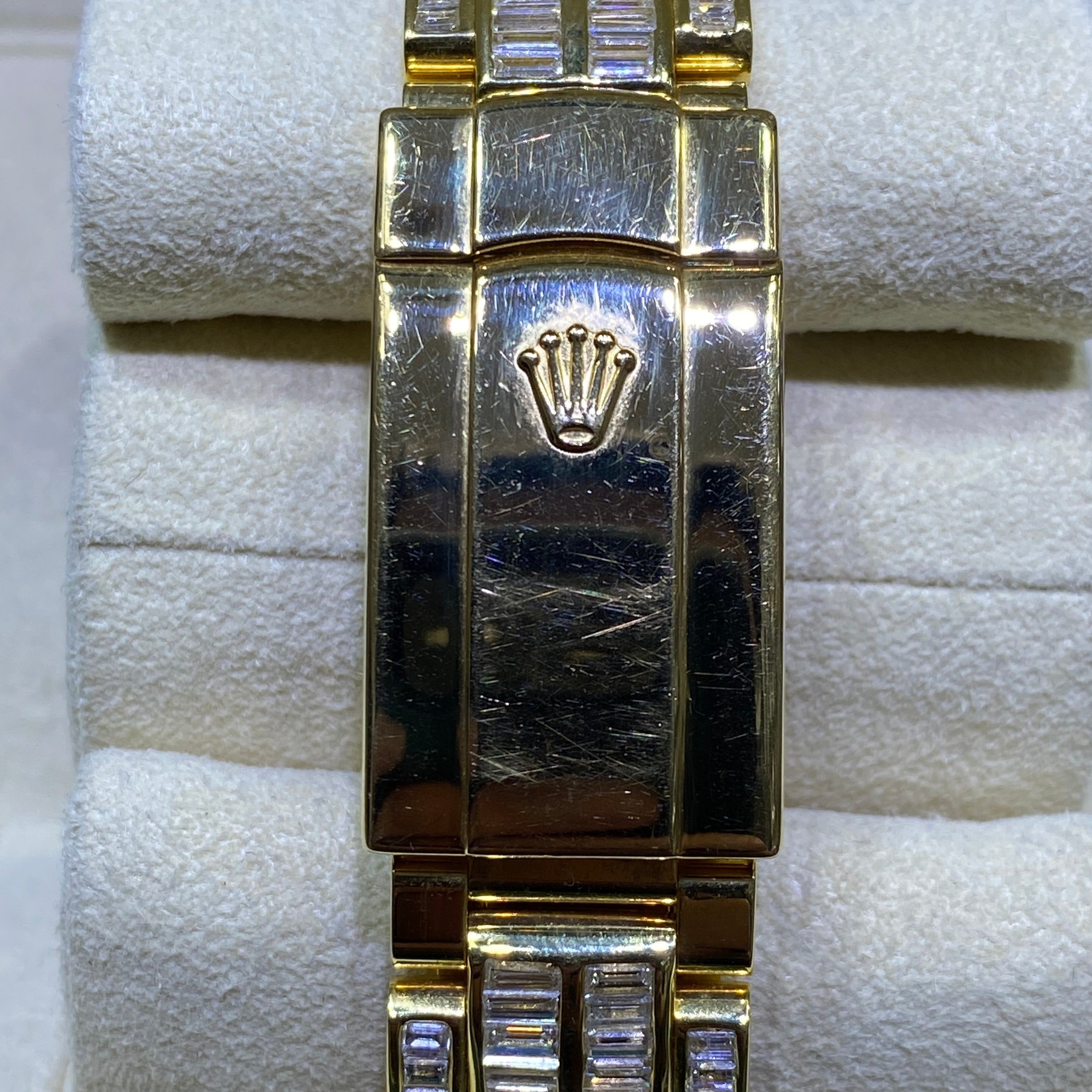 42mm rolex "iced bust down" sky dweller watch. 60 cts of VVS1 natural baguette diamonds and 18k solid gold