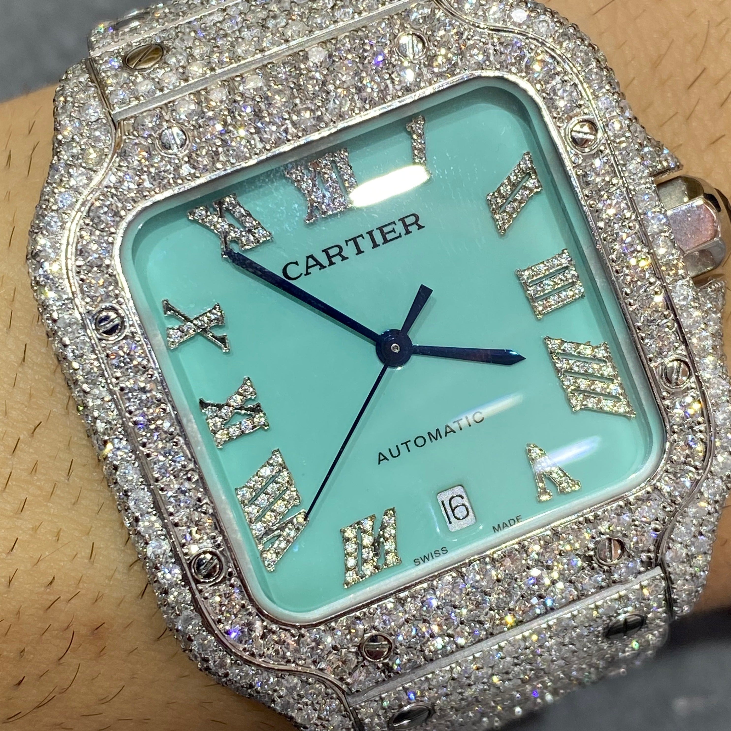 new 41mm cartier santos xl"iced bust down" watch blue “tiffany style”dial 18cts t.w.vs1 natural diamonds 💎