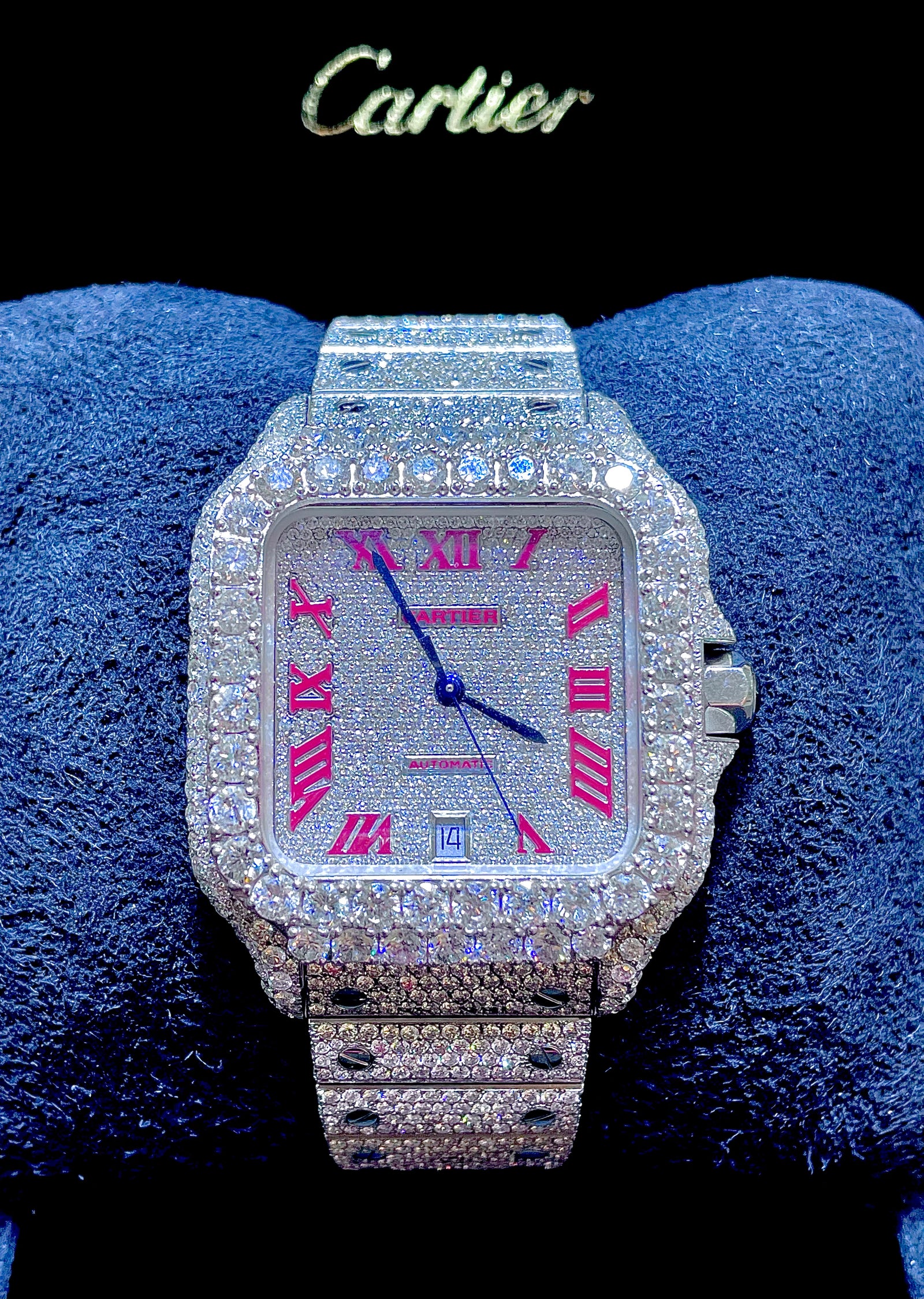 Iced Out Cartier Santos Red Dial 💎 | Santos XL – RDP Miami Beach Jewelry