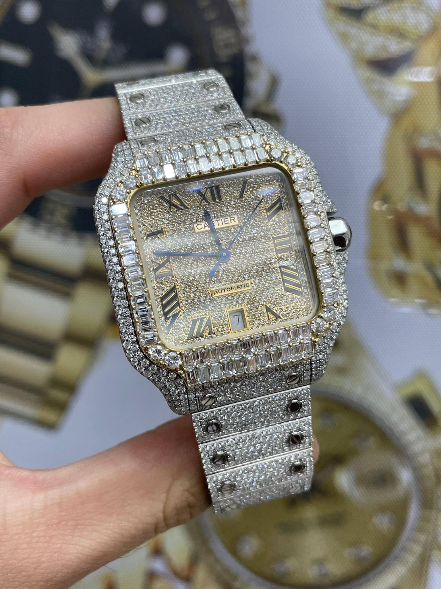 iced out cartier watch. baguette cartier watch. "iced bust down" 22 cts t.w. vs1 natural diamonds 