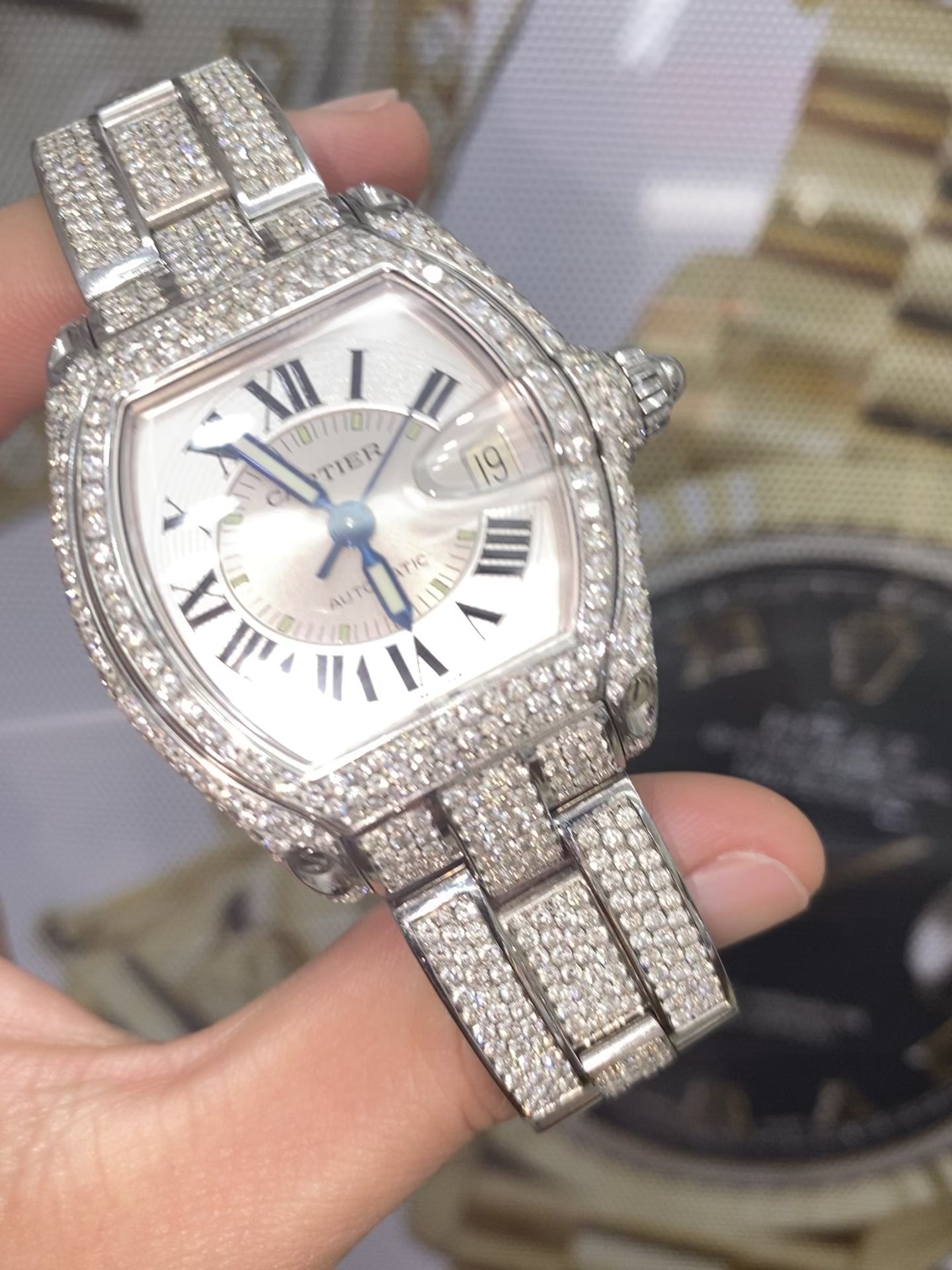 36mm Cartier Roadster 20 cts Vvs1 iced Bustdown 1of 1 "iced out" cartier bust down watch stainless steel
