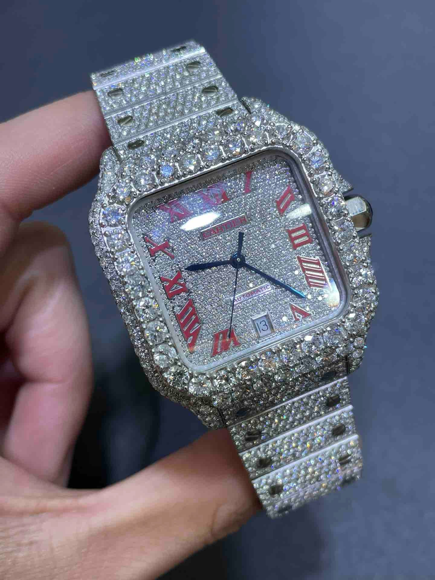 Iced Out Cartier Santos Red Dial 💎 | Santos XL – RDP Miami Beach Jewelry
