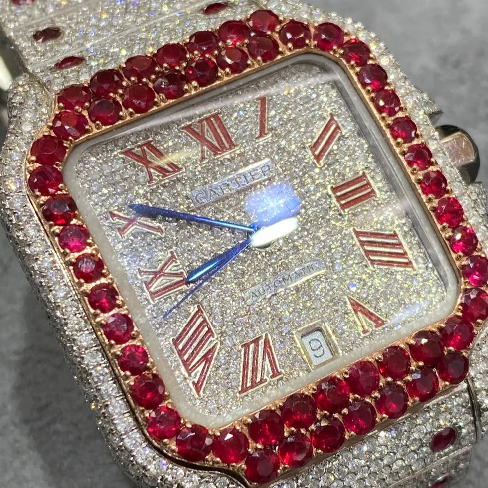 ruby iced out cartier watch 18 cts vs1 natural diamonds t.w., white/ruby